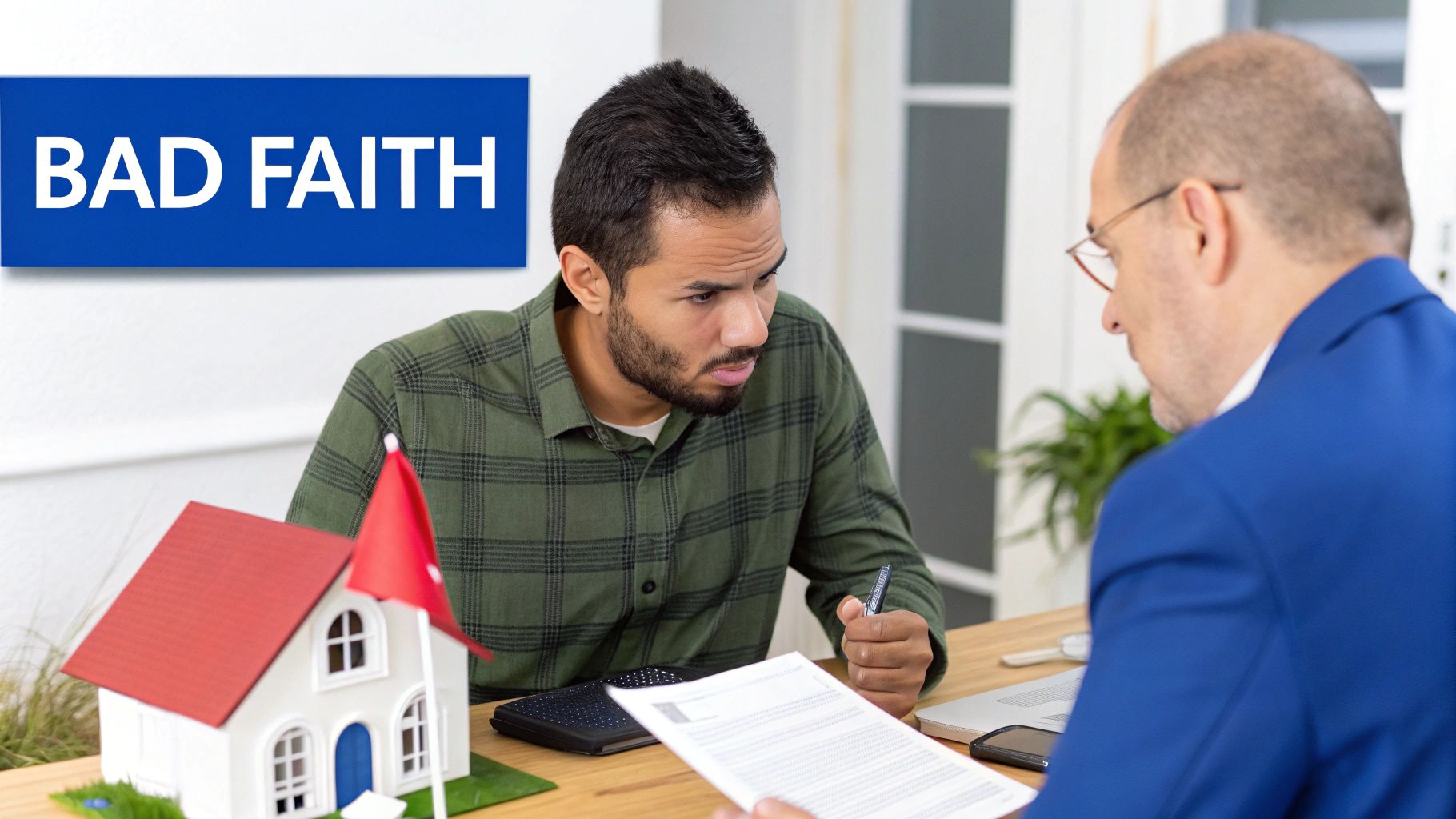 Two men discuss a property claim document with a 'BAD FAITH' banner prominently displayed.