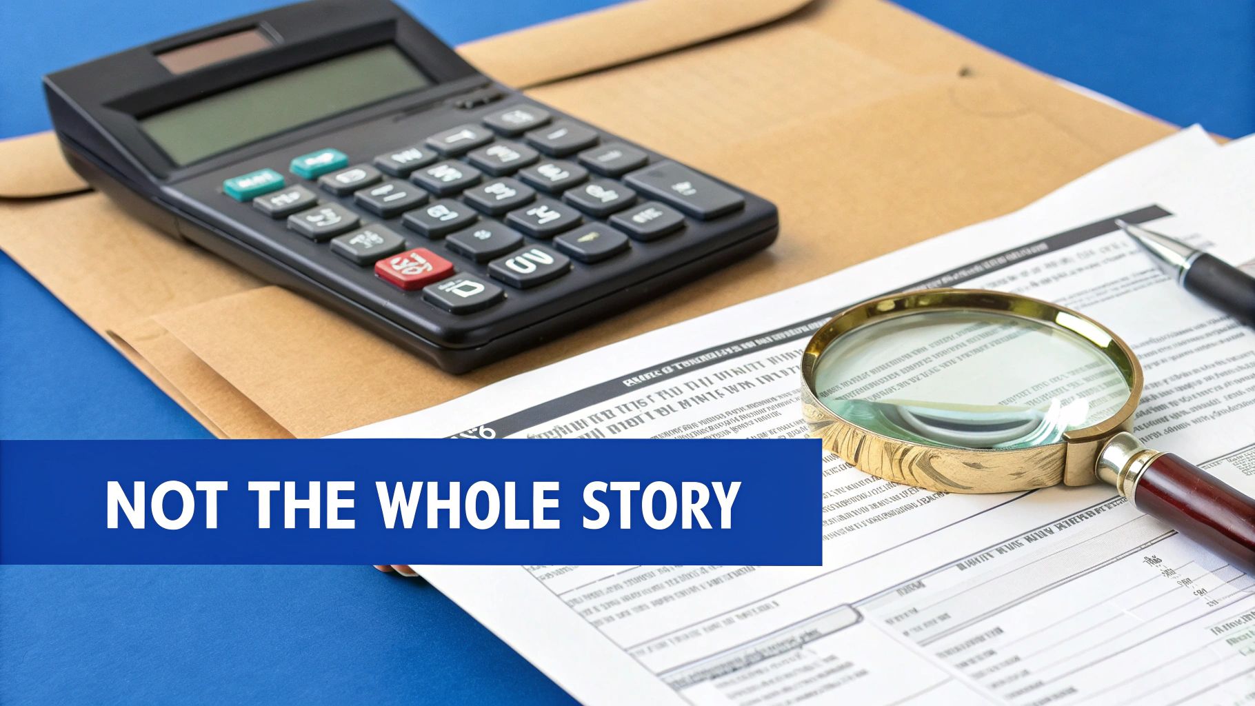 A calculator, magnifying glass, pen, and documents on a blue desk, symbolizing financial review or investigation.