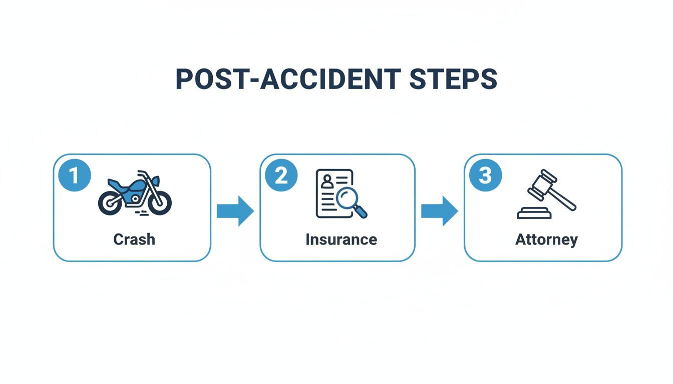 A three-step diagram illustrating post-accident steps: Crash, Insurance, and Attorney consultation, with icons.