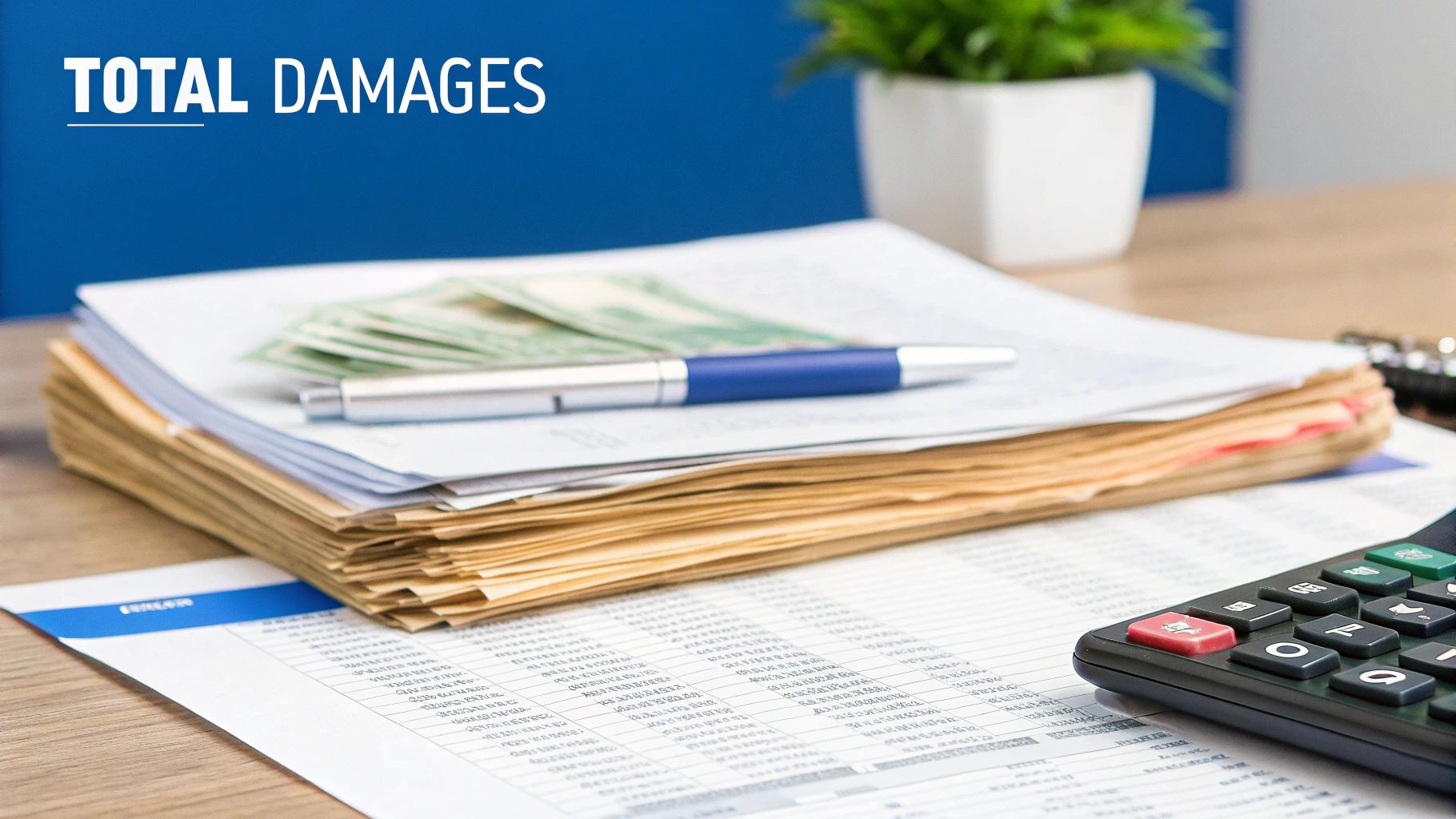 Stack of documents, money, and a calculator on a desk with 'TOTAL DAMAGES' text, implying a financial settlement.