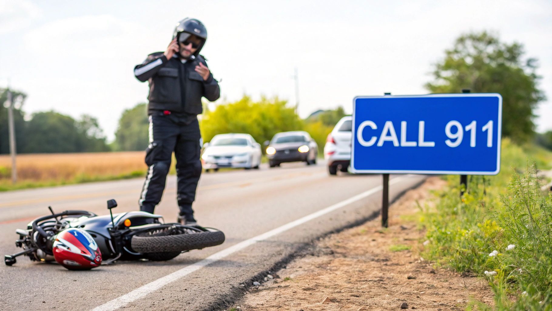 A motorcyclist calls for help after an accident, with a downed bike and a 'CALL 911' sign.