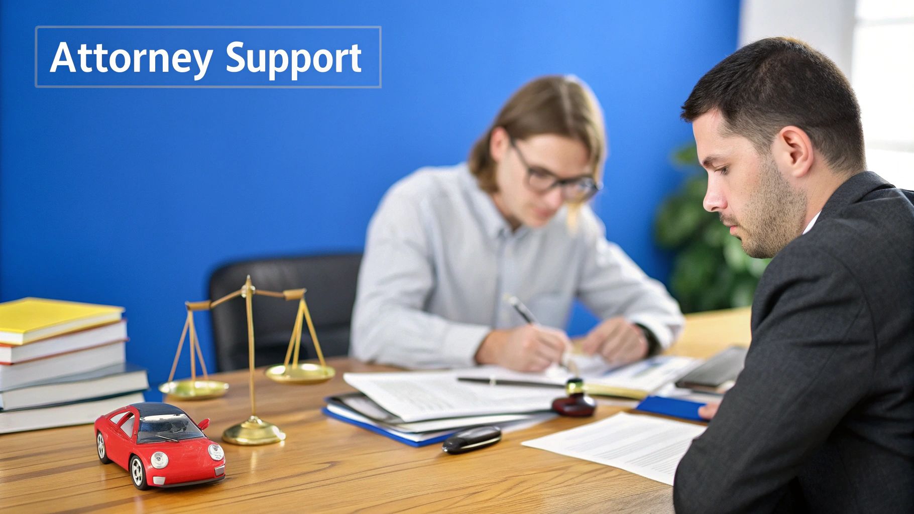 Two men, likely lawyers, review legal documents with scales of justice and a red toy car.