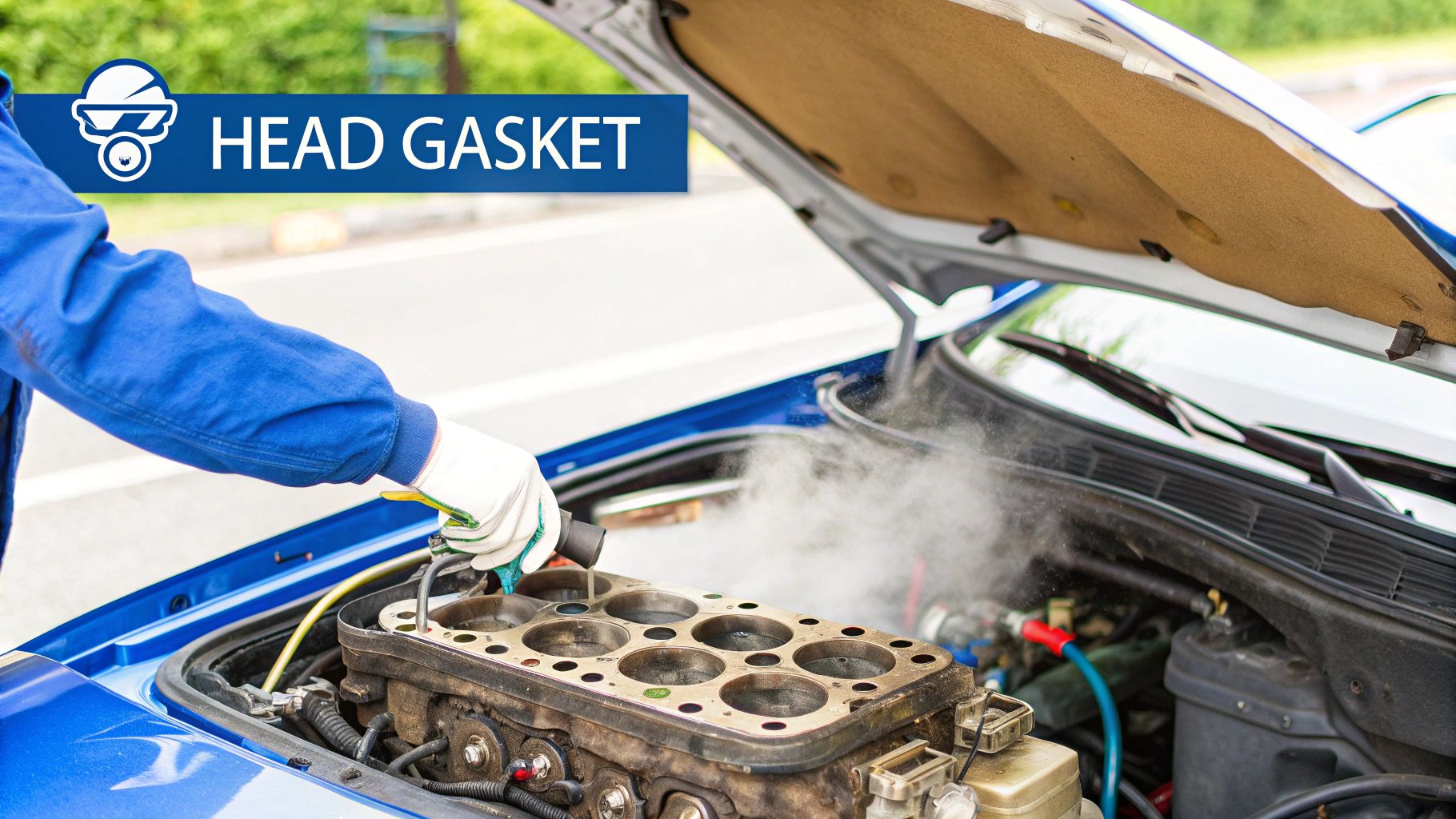 A mechanic's hands work on a steaming car engine with the hood open, likely addressing a head gasket issue.