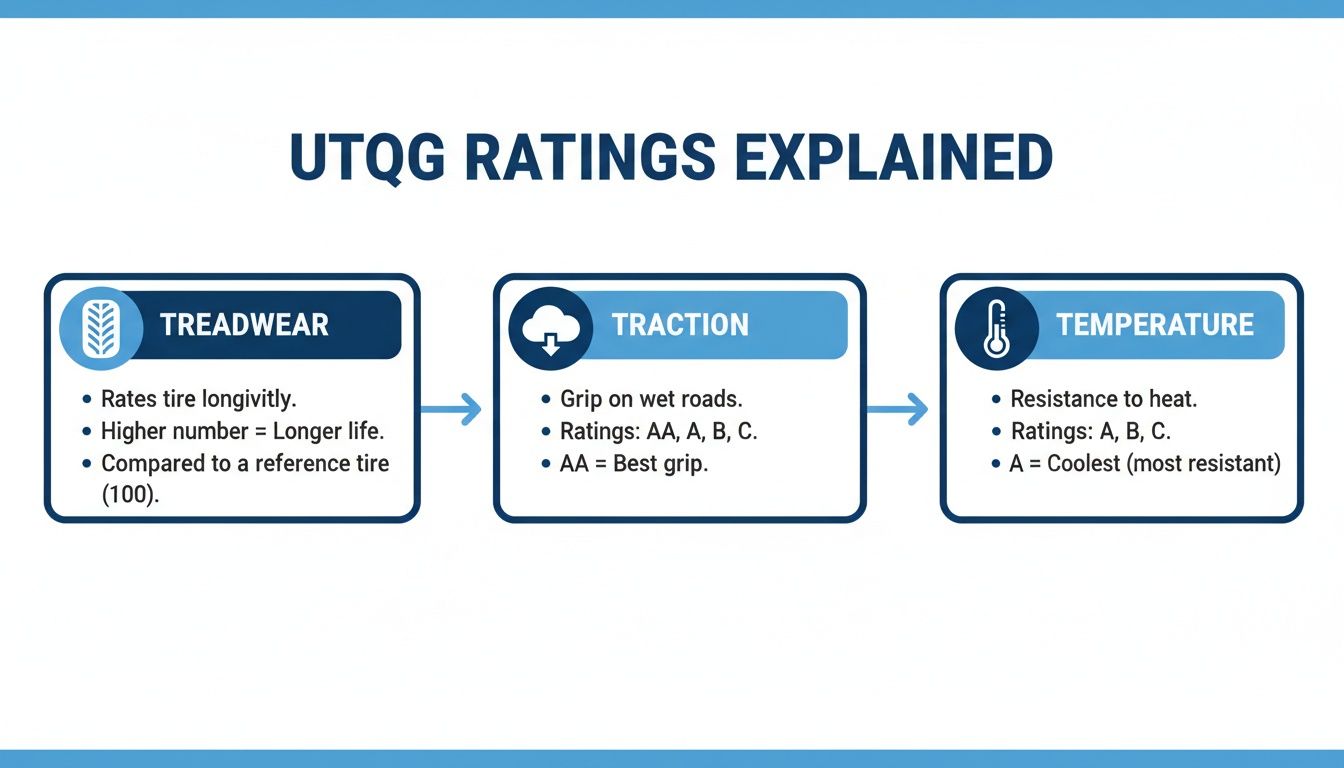 Visual explanation of UTQG tire ratings for treadwear, traction, and temperature, detailing their meaning and grades.