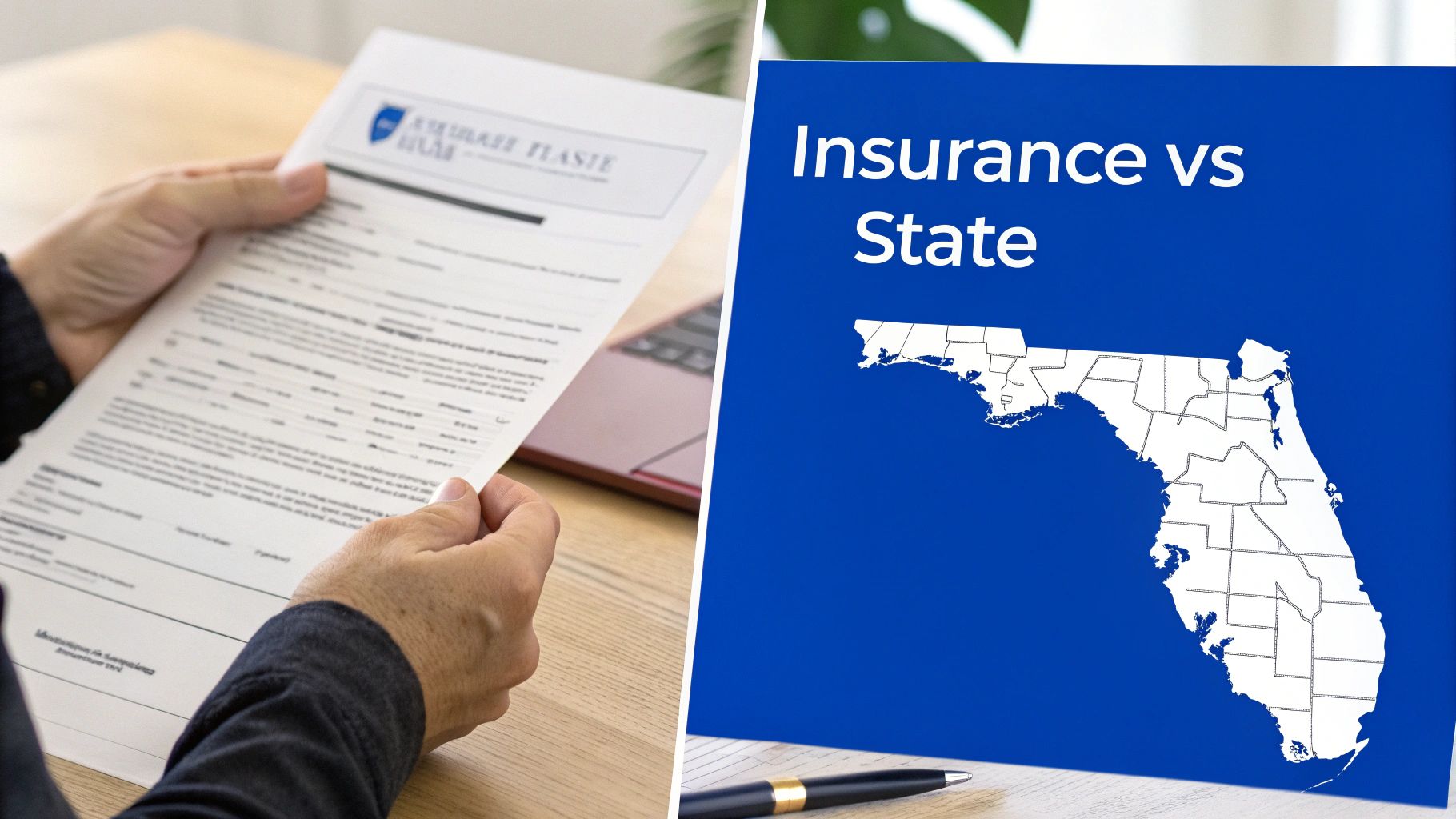 Hands holding an insurance document next to a blue sign with 'Insurance vs State' and a map of Florida.
