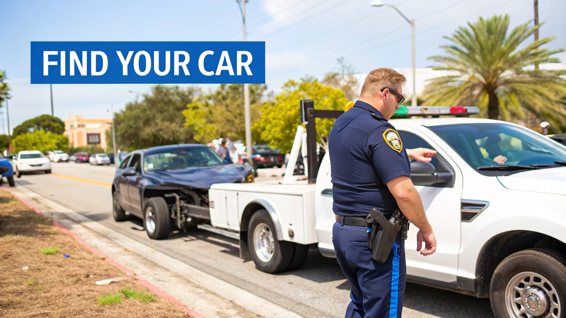 A police officer directs a driver near a tow truck with a damaged car on a sunny day.