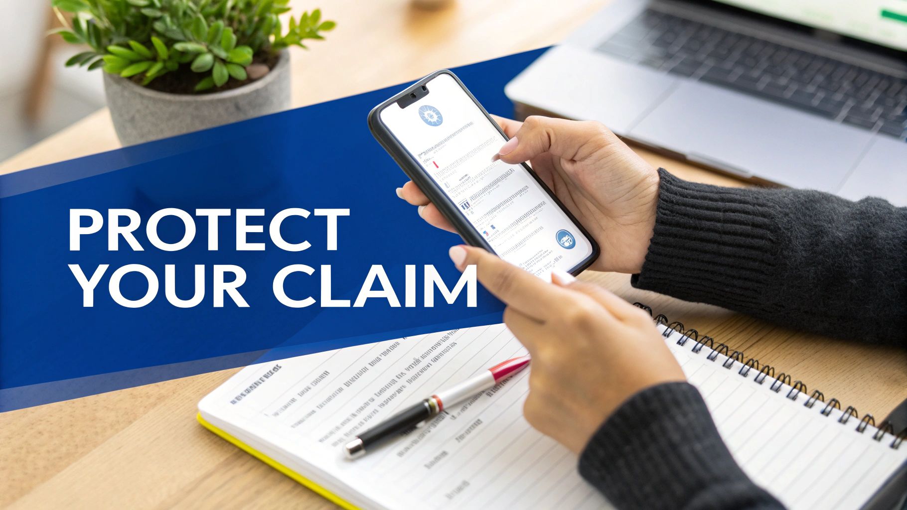 A person uses a smartphone to manage an online claim application, with a notebook and pen on a wooden desk.