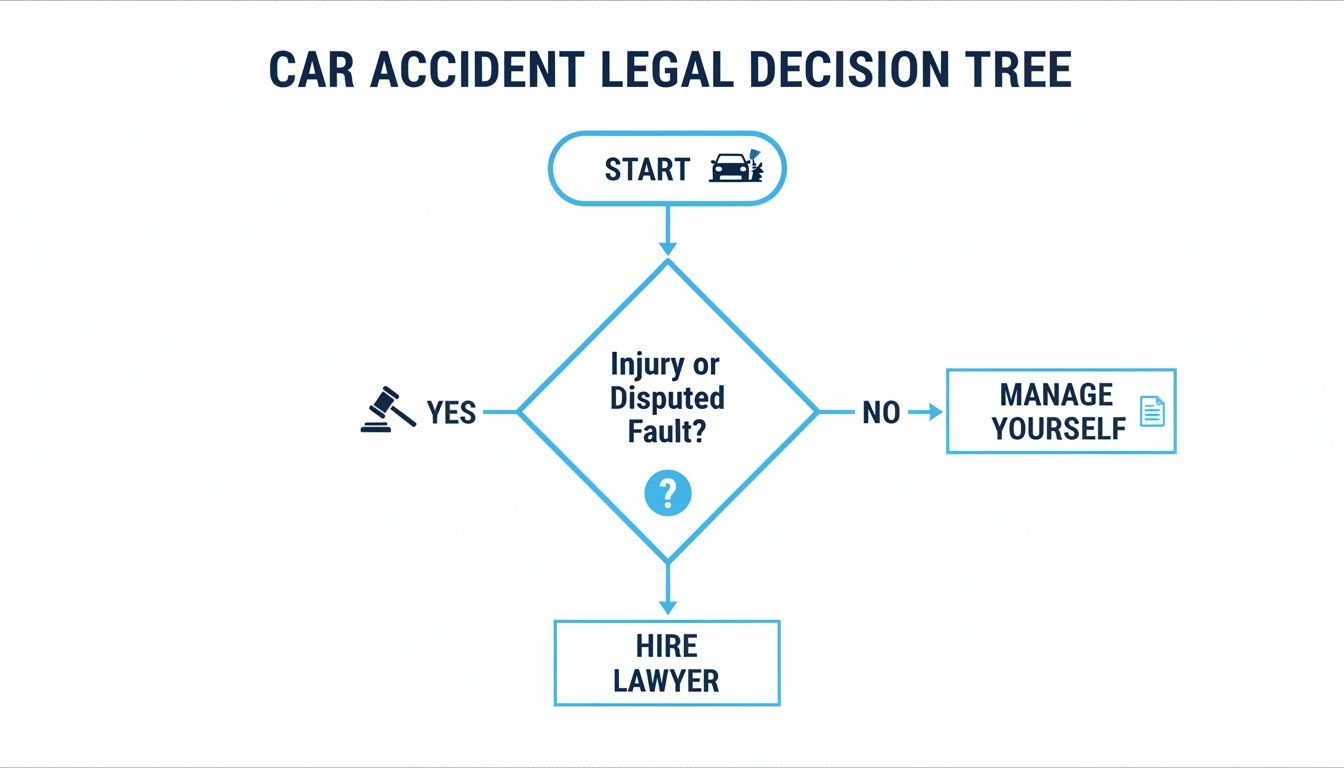 Car accident legal decision tree guiding whether to hire a lawyer or manage the case yourself.