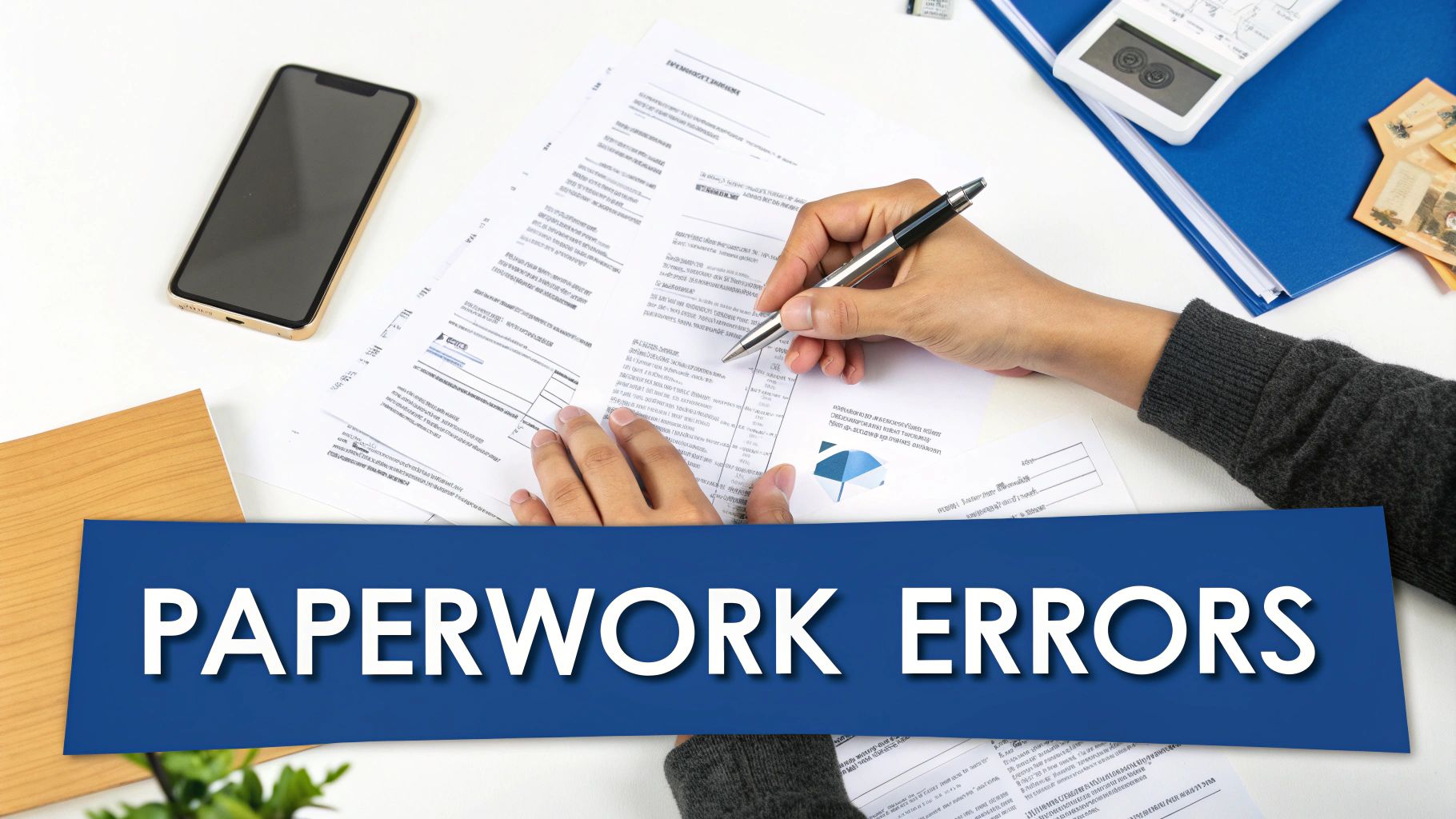 Hands filling out documents on a desk with a phone and calculator, highlighted by a 'PAPERWORK ERRORS' banner.