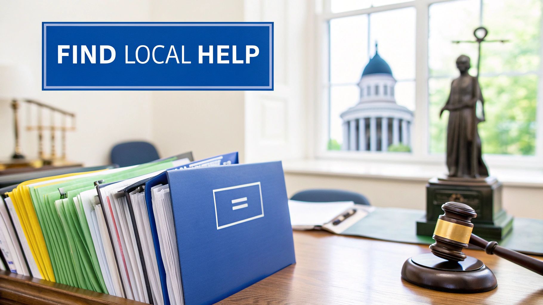 A law office desk with files, a gavel, Lady Justice statue, and a capitol building outside. Find local help.