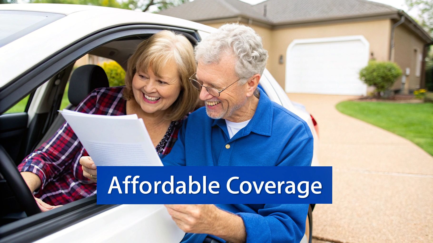Happy senior couple reviewing auto insurance documents inside and outside their white car, smiling.