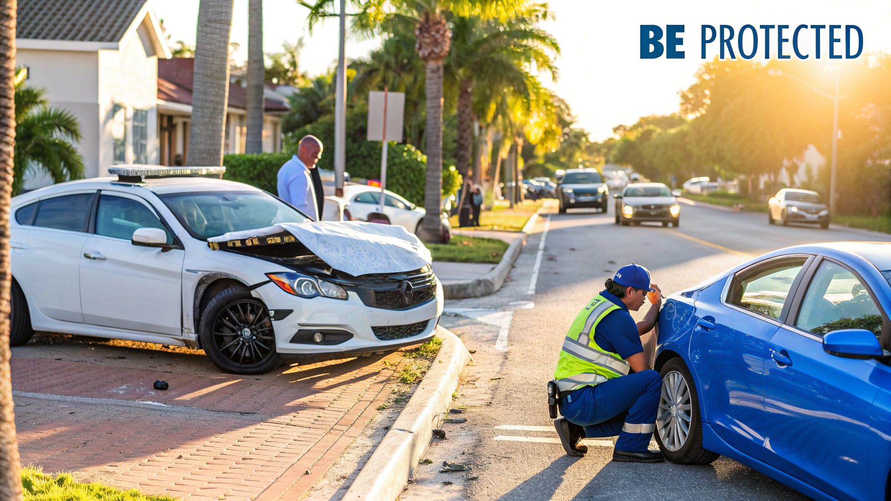 A professional inspects a blue car at a car accident scene with a damaged white car nearby on a sunny street.