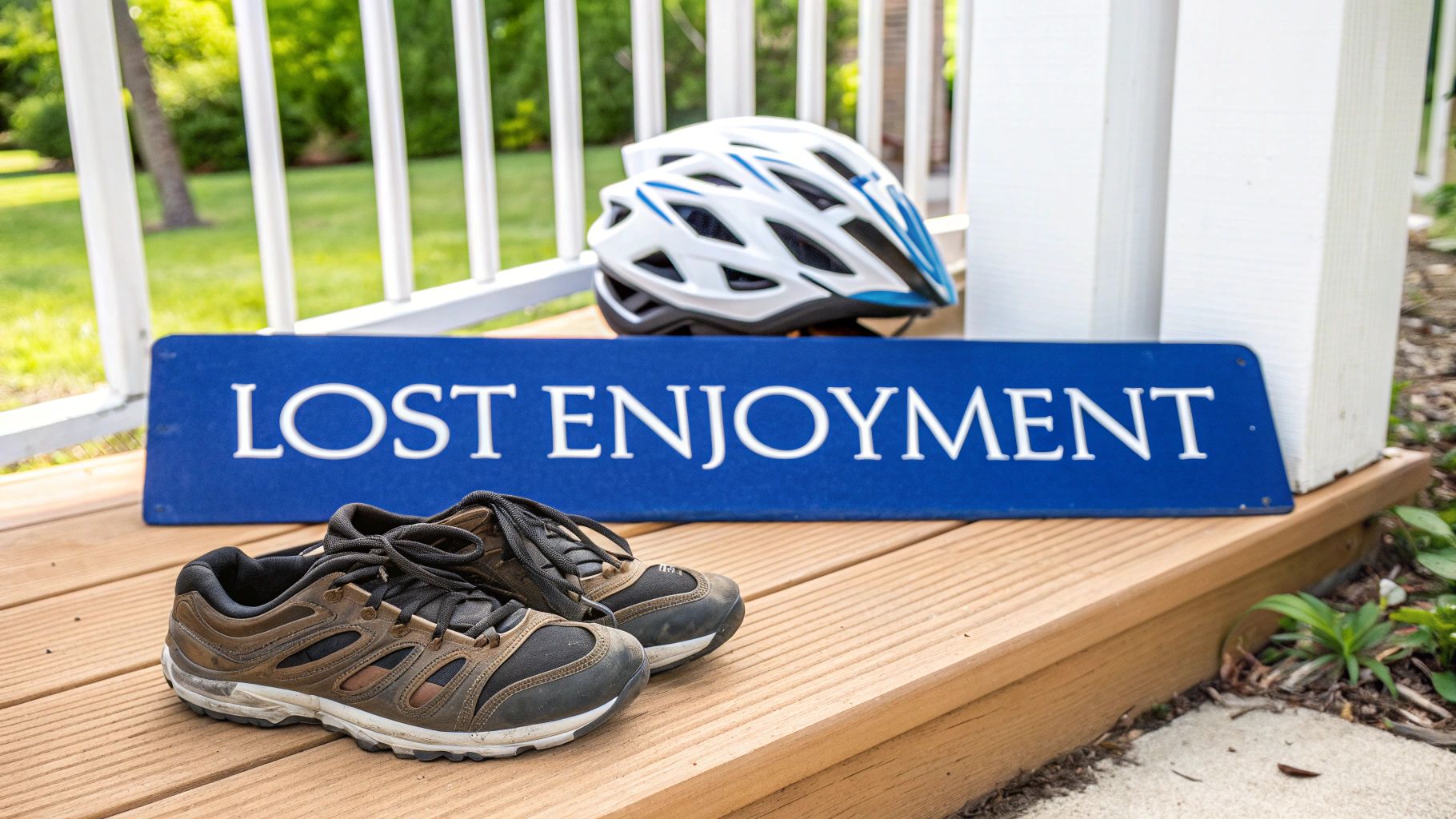 A blue sign on a wooden deck reads 'LOST ENJOYMENT', next to a bicycle helmet and dirty shoes.