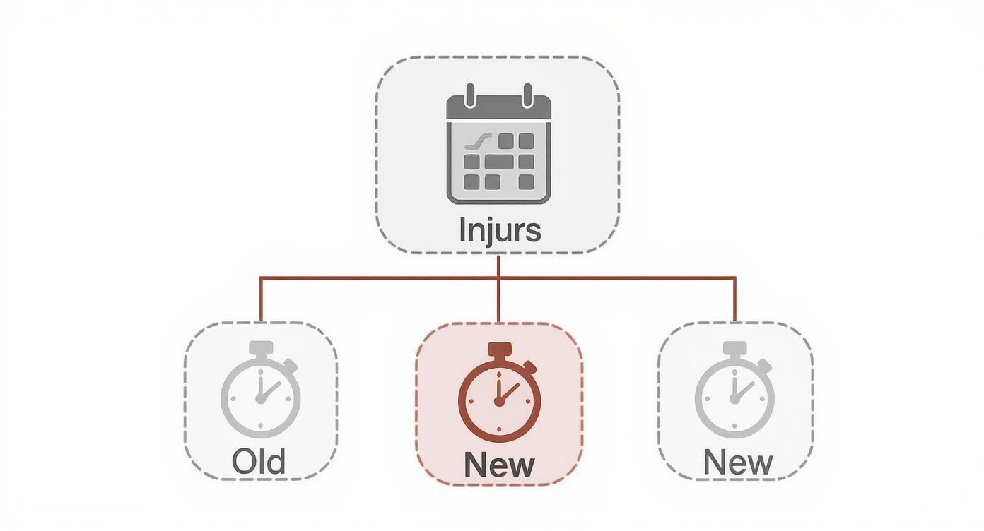 Diagram showing injuries linked to old and new time limits, represented by stopwatches.