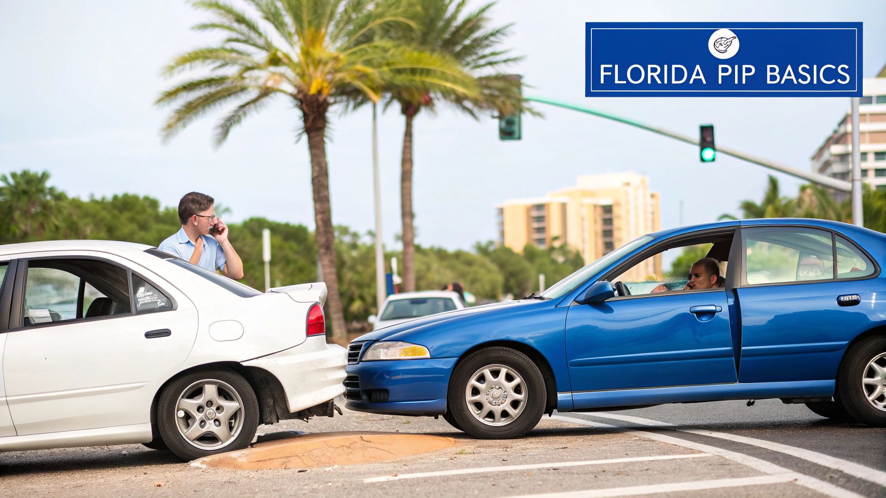 Two cars after a minor rear-end collision, one driver on phone, the other in his car.