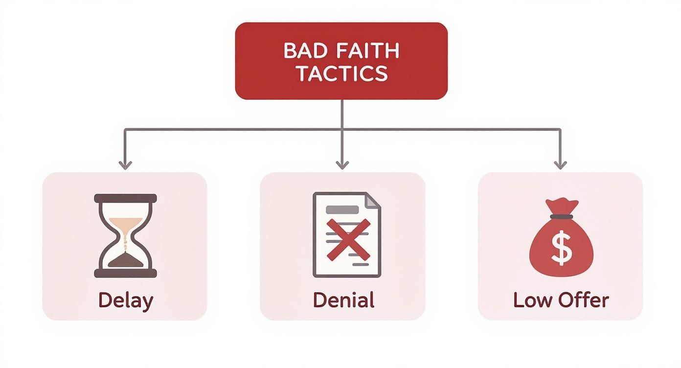 Flowchart illustrating bad faith tactics in claims, including delay, denial, and low offer.