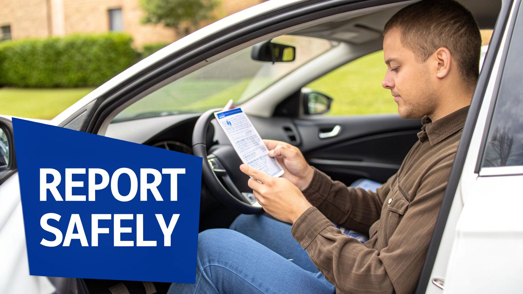 A young man sits in a white car, carefully reading a document. A blue overlay says 'REPORT SAFELY'.