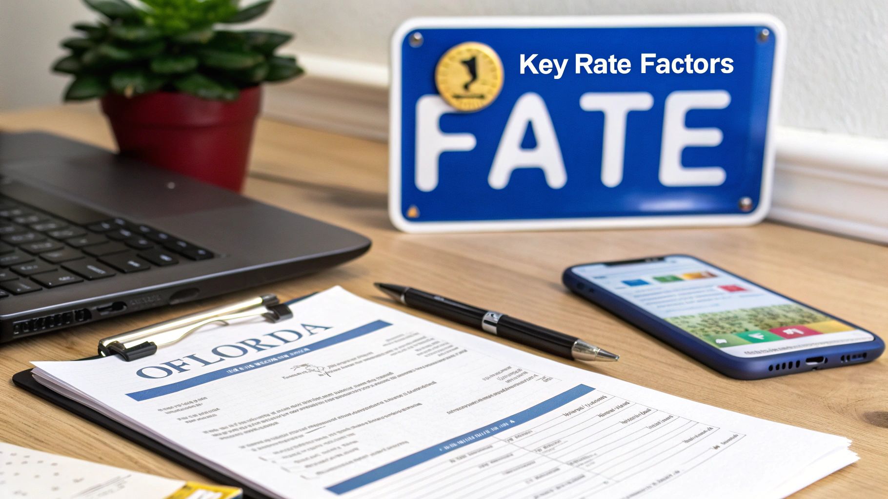 FATE key rate factors sign on desk with insurance documents laptop and smartphone
