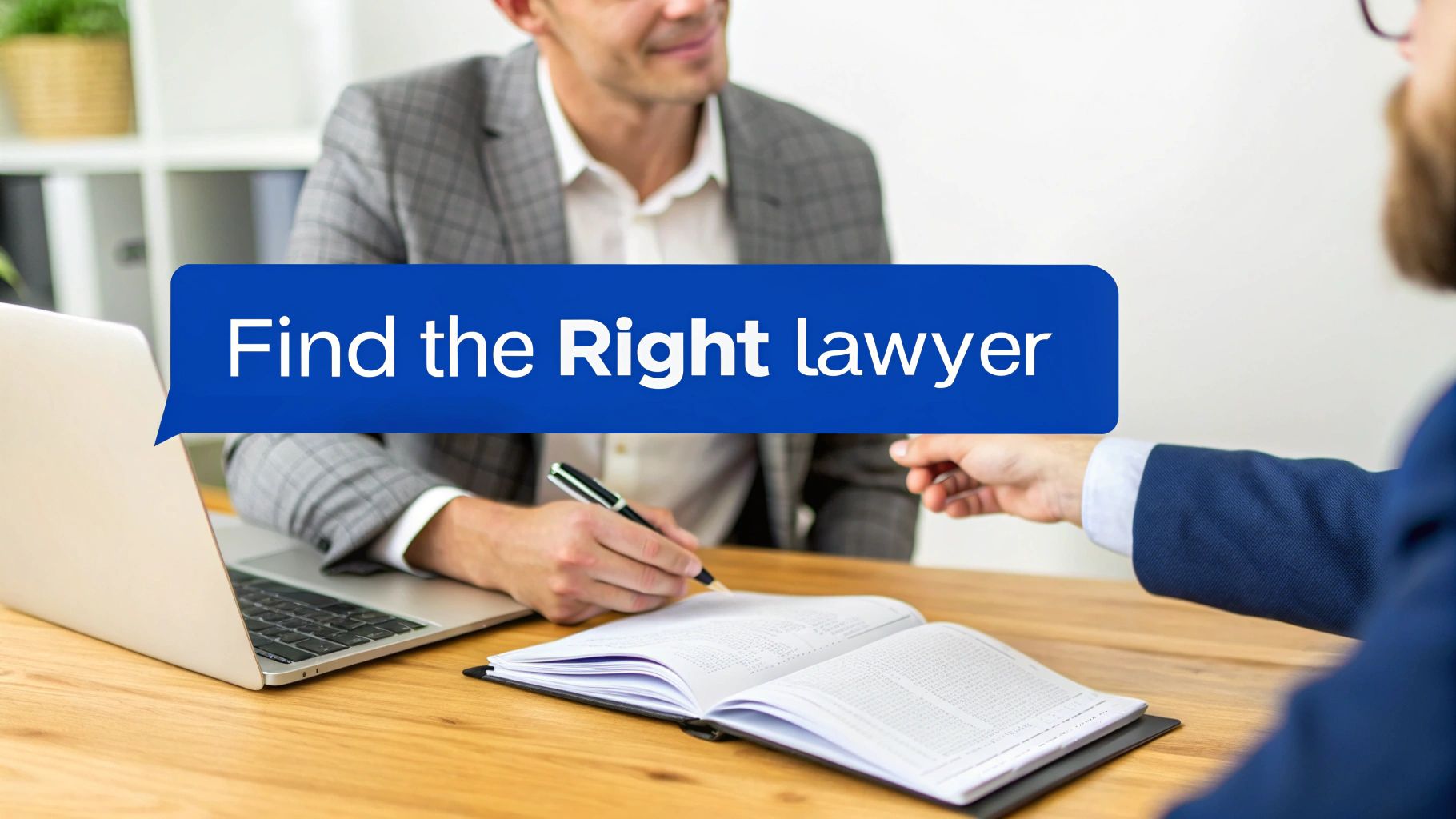 Two professionals in a meeting, one signing papers, with text 'Find the Right lawyer' in a speech bubble.