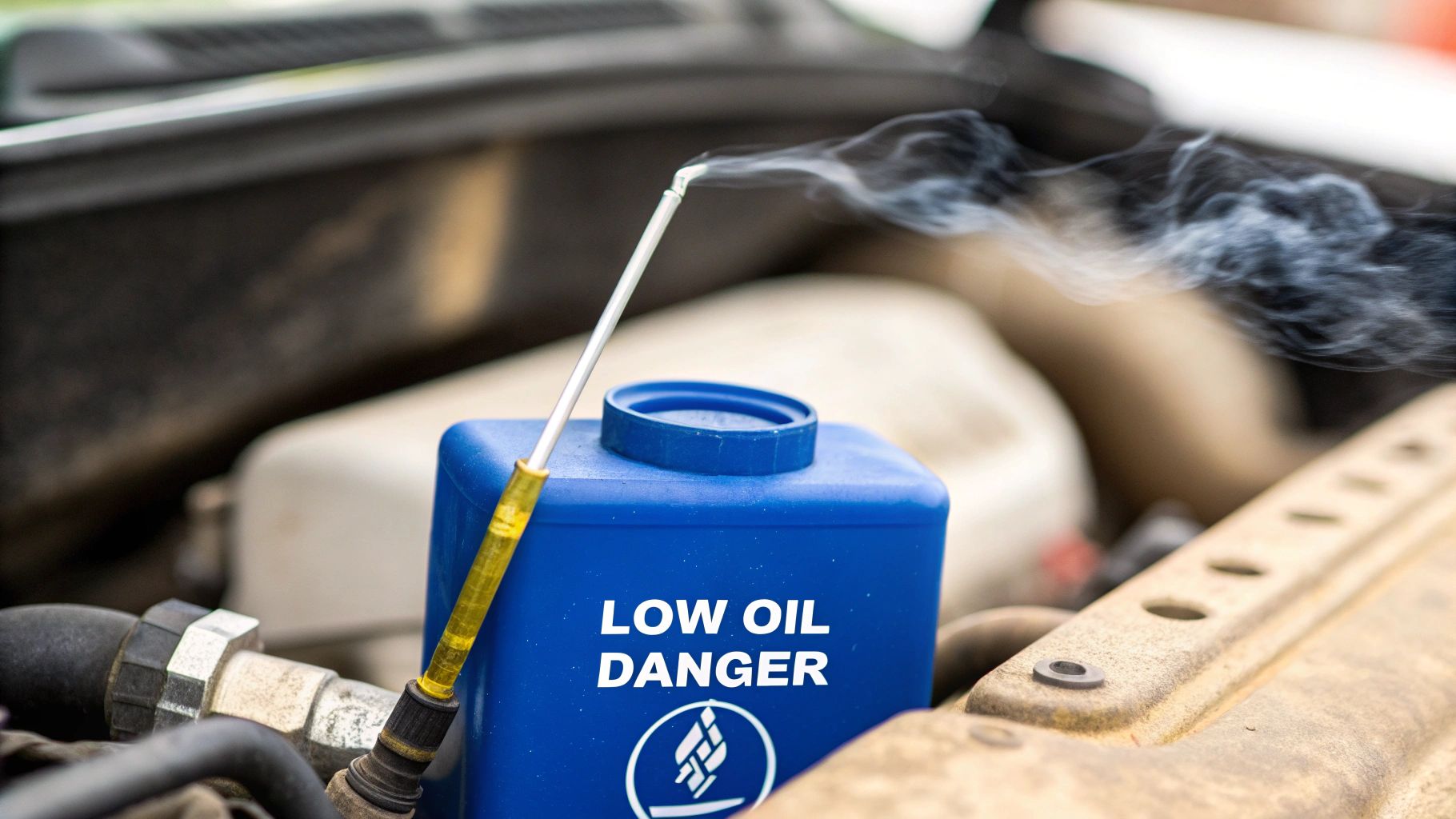 Smoke rising from a car engine dipstick near a blue container labeled 'LOW OIL DANGER'.
