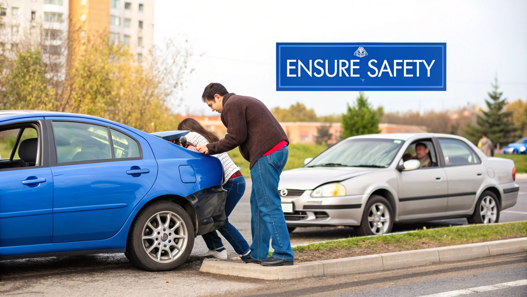 Two people examining car damage after rear-end collision accident in parking lot with ensure safety sign