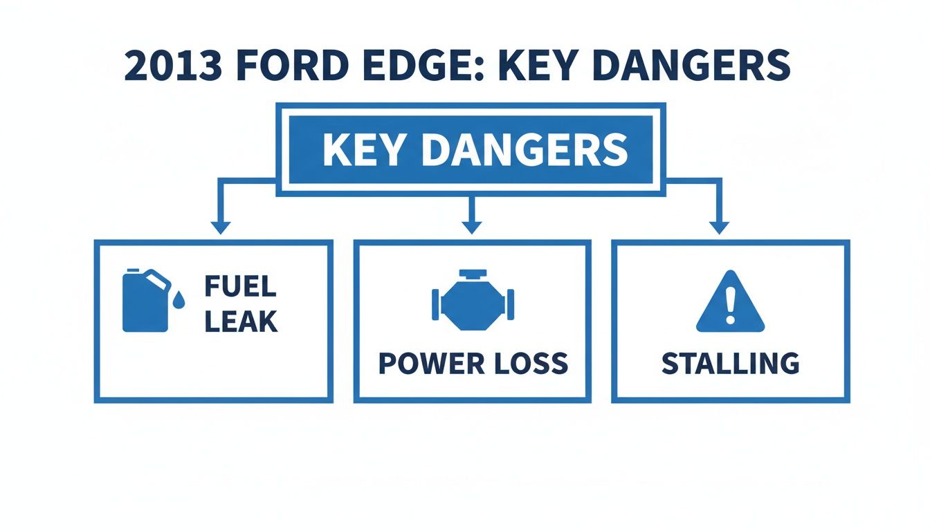 Diagram outlining key dangers for the 2013 Ford Edge: fuel leak, power loss, and stalling.