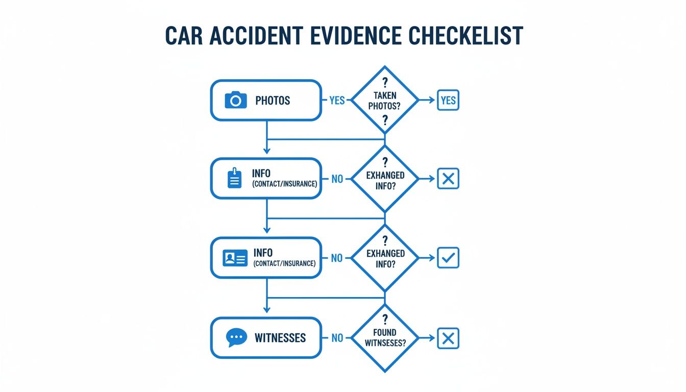 Flowchart outlining a car accident evidence checklist, including steps for taking photos, exchanging contact and insurance information, and finding witnesses.