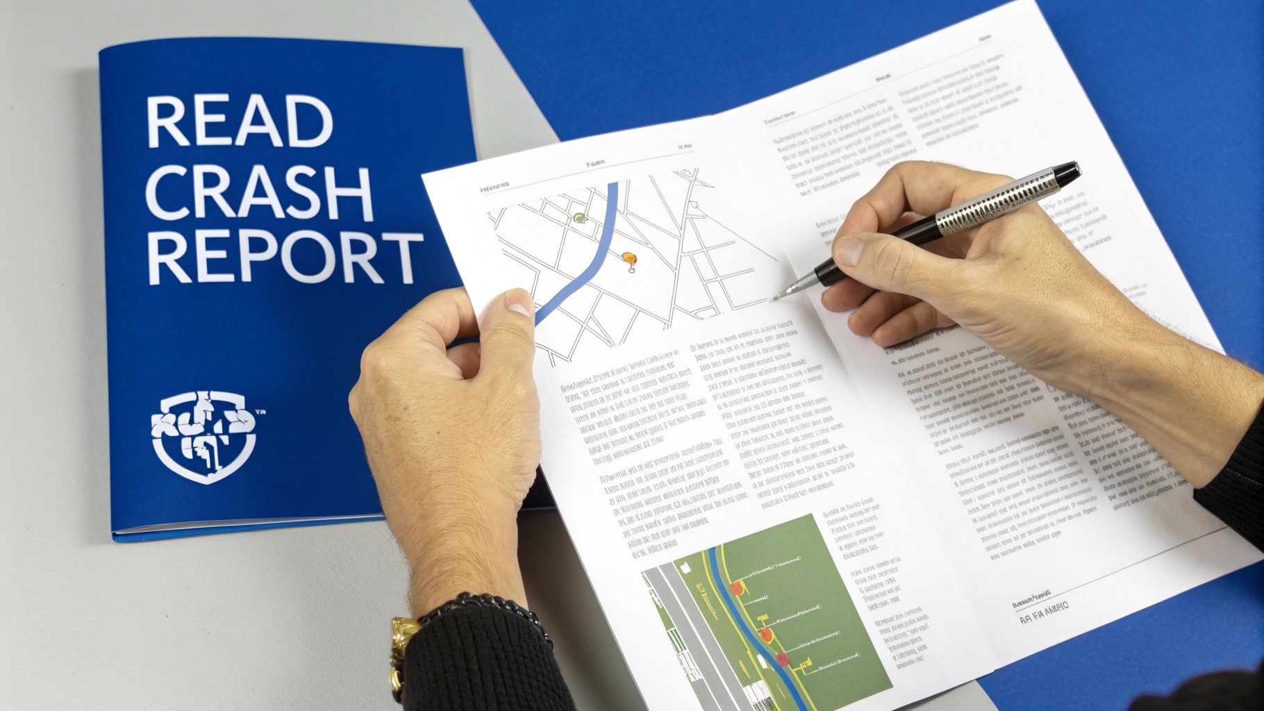 A person's hands reviewing an open document with maps and text, identified as a crash report, next to a blue folder.