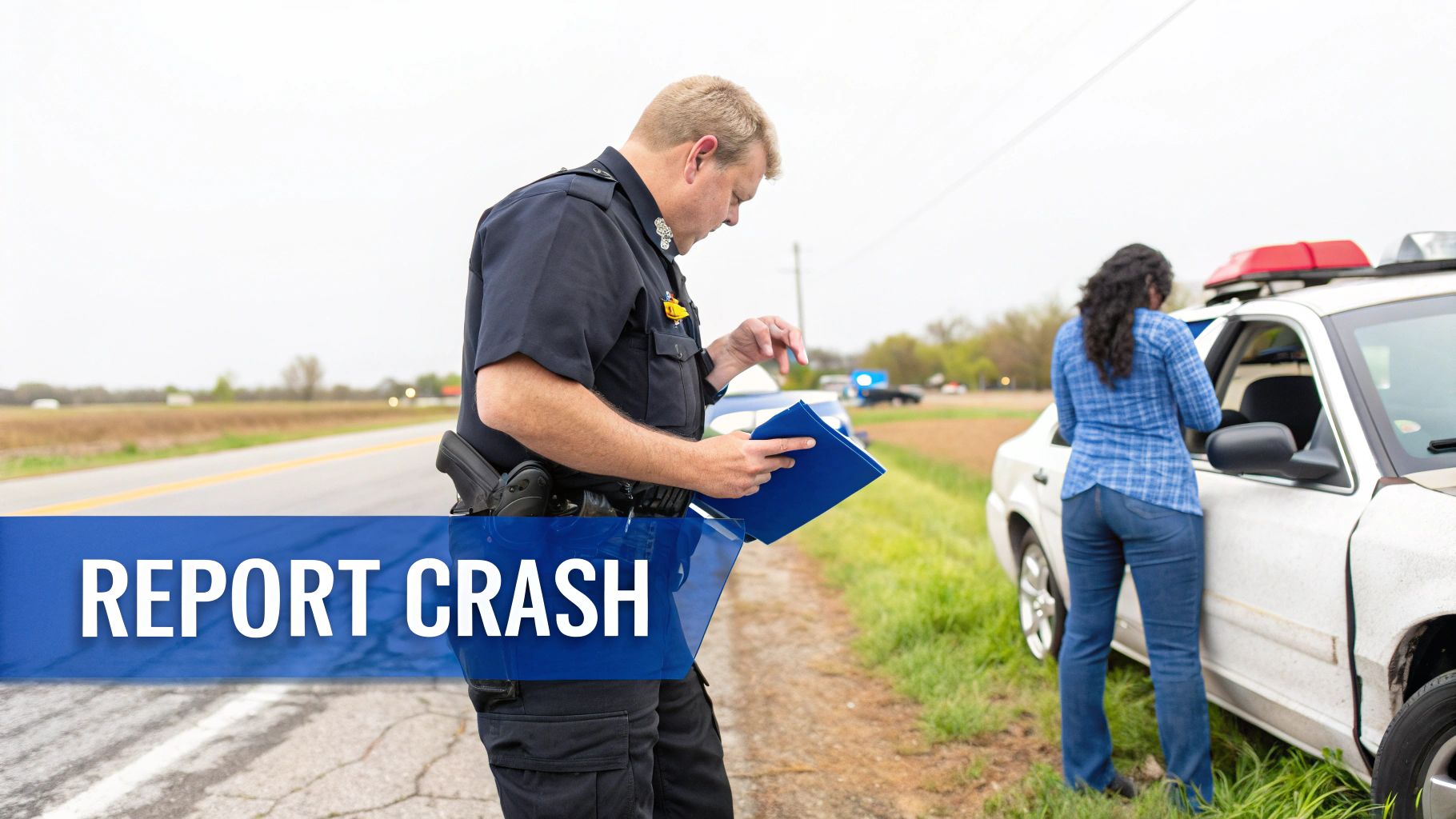 A police officer is writing a report at the scene of a car crash with a woman nearby.