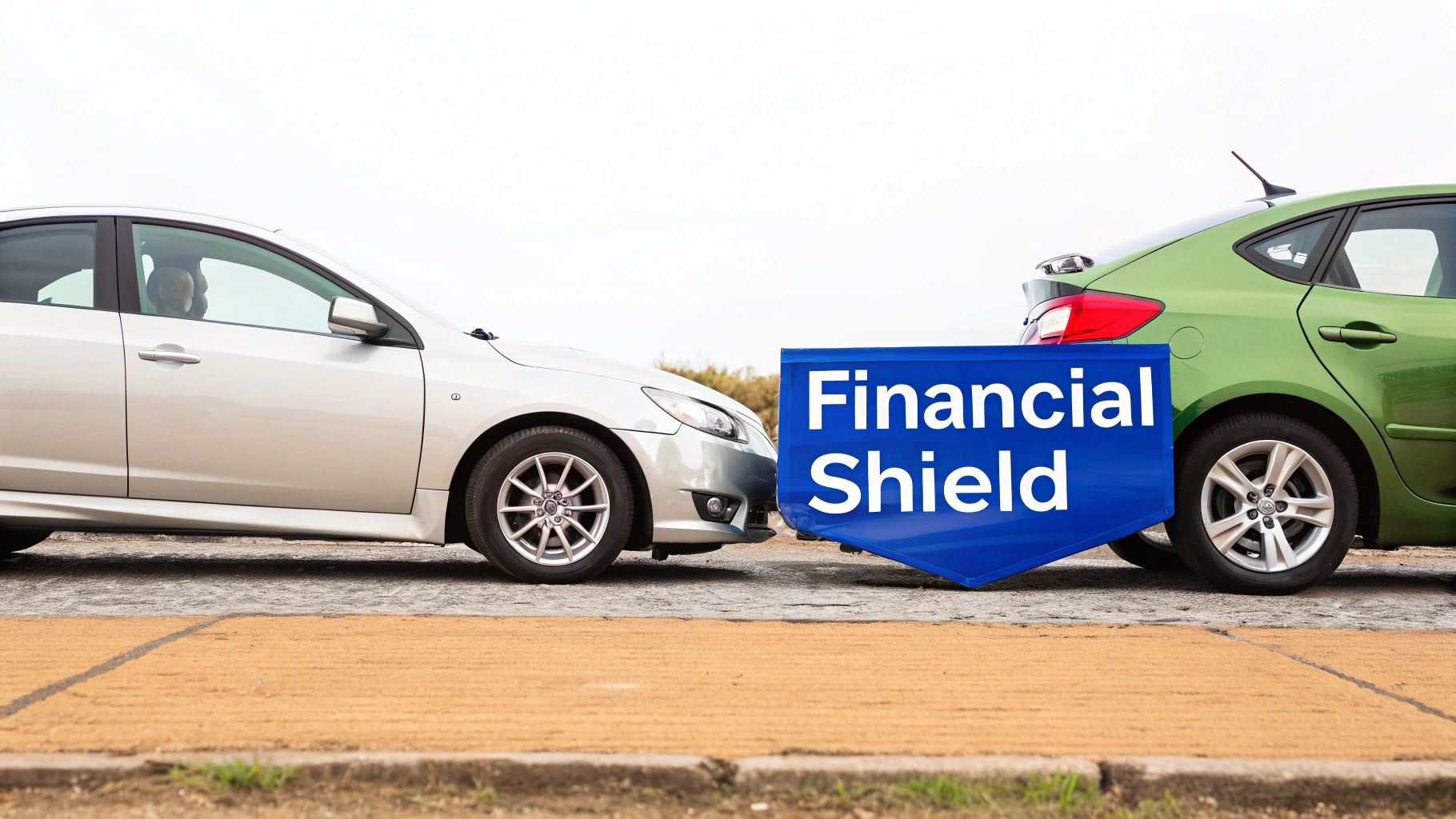 Two cars, silver and green, with a blue 'Financial Shield' sign between them, symbolizing insurance protection.
