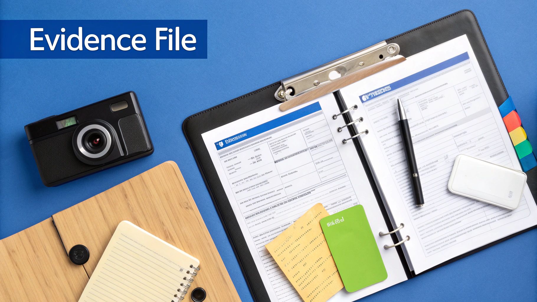 A person meticulously organizing documents, photos, and receipts into a file for a personal injury claim.