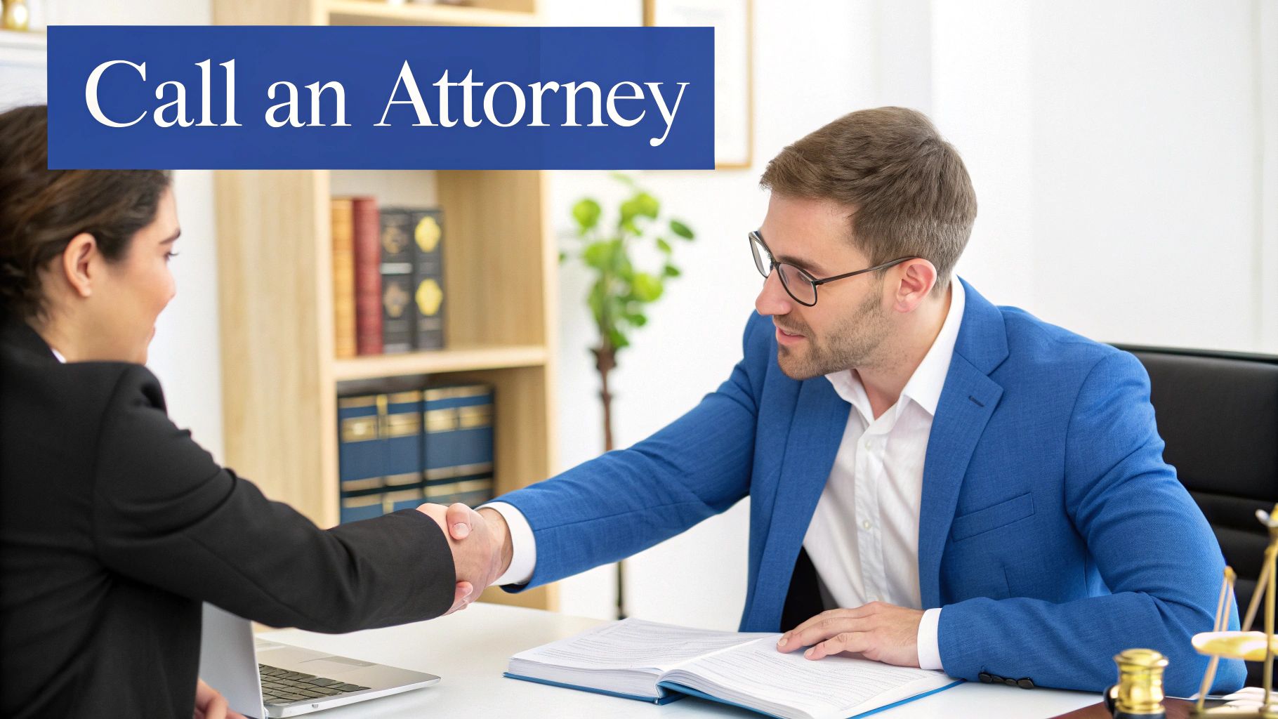 An attorney in a blue suit shakes hands with a client across a desk in a modern office.