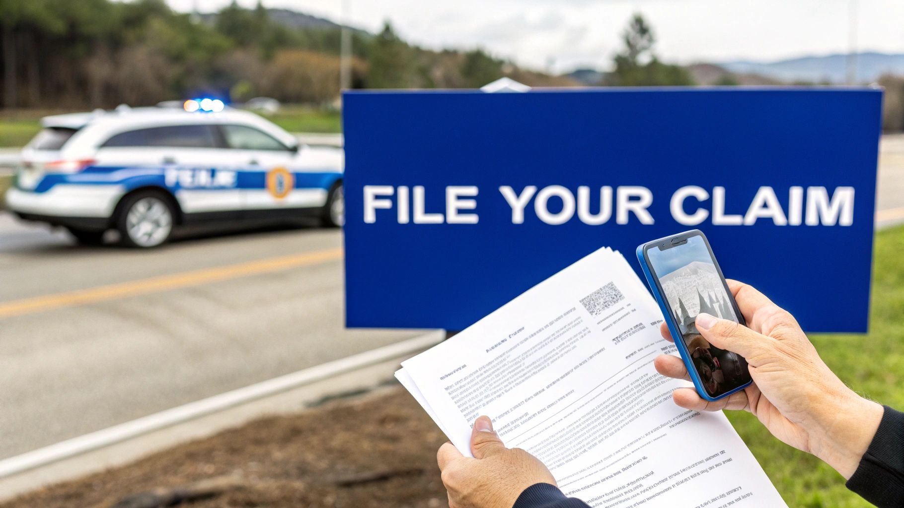 Person holding claim documents and phone, with a "FILE YOUR CLAIM" sign and police car in background.