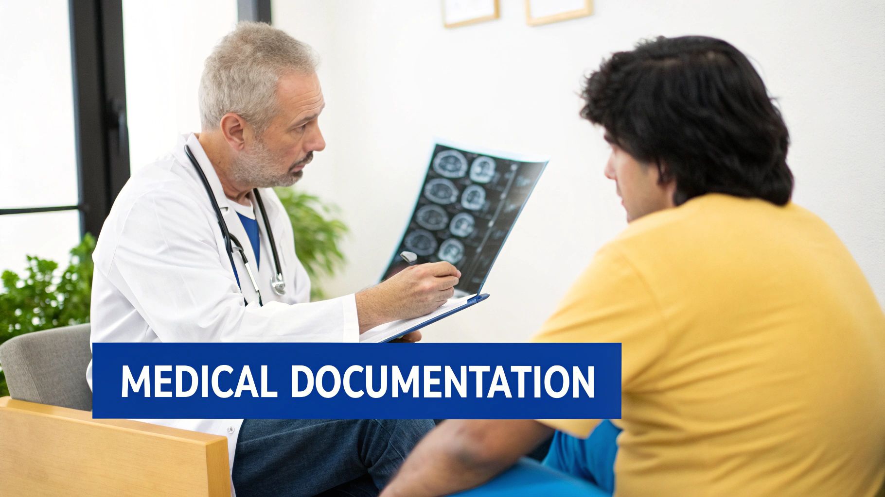 A doctor in a white coat explains a medical scan to a patient while holding a clipboard, emphasizing medical documentation.