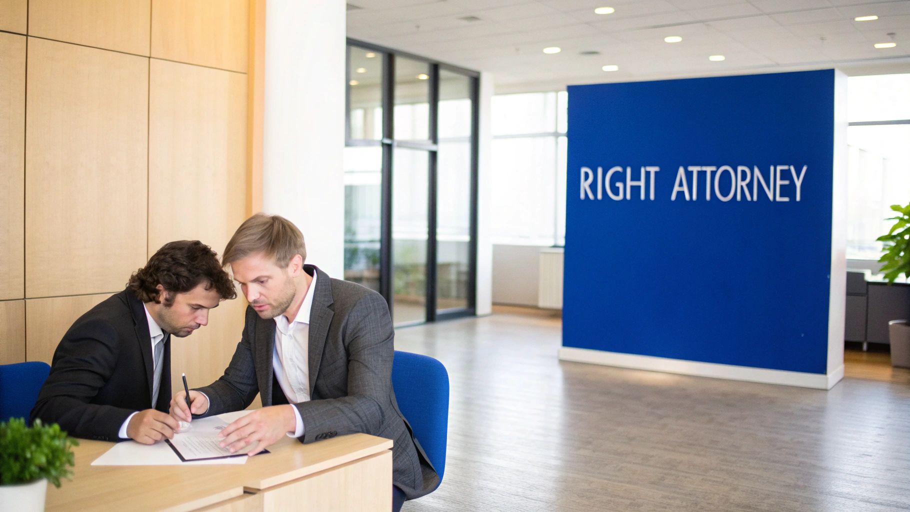 Two professional men in suits are signing documents at a desk in a modern office.