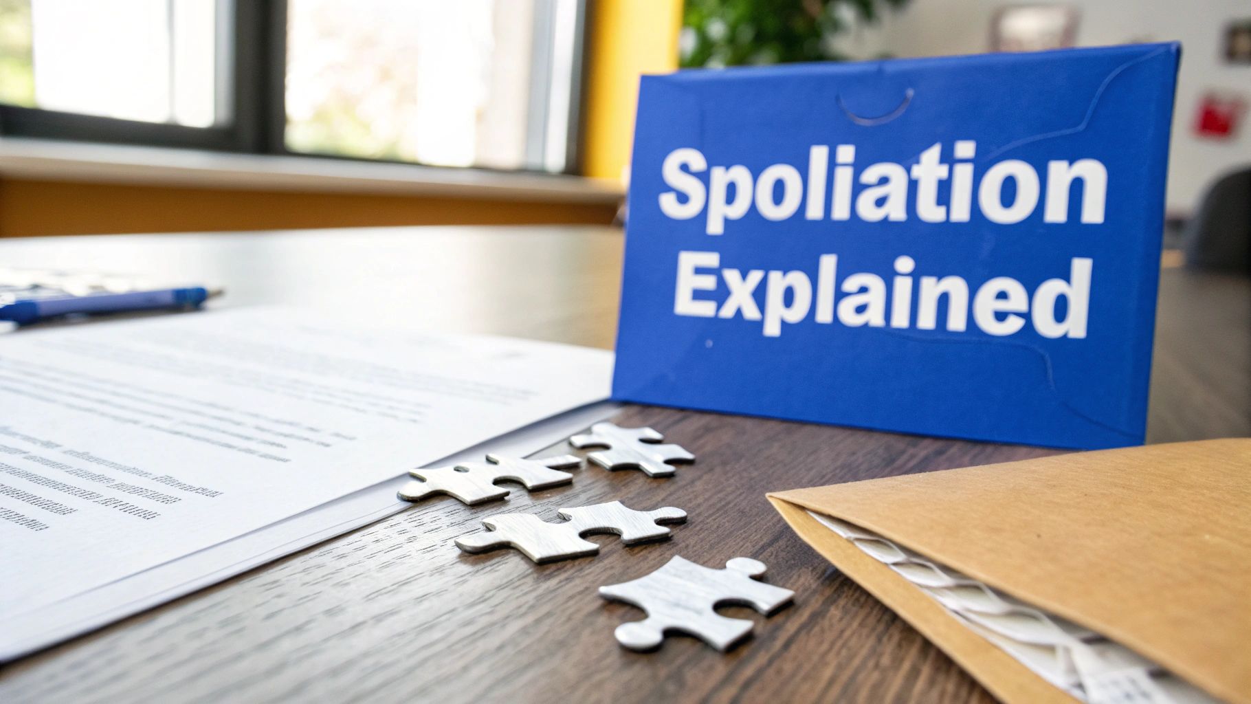 A blue folder titled 'Spoliation Explained' with documents, puzzle pieces, and a pen on a desk.