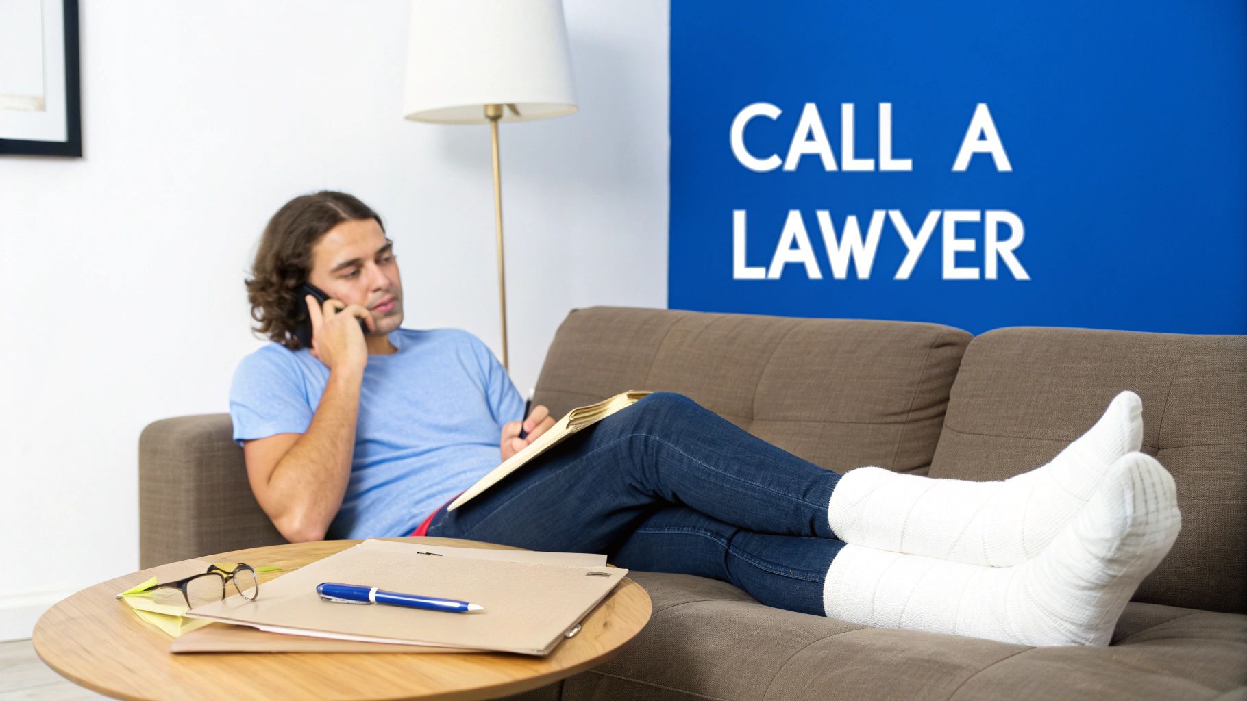 Man calling personal injury lawyer on phone while taking notes on couch at home