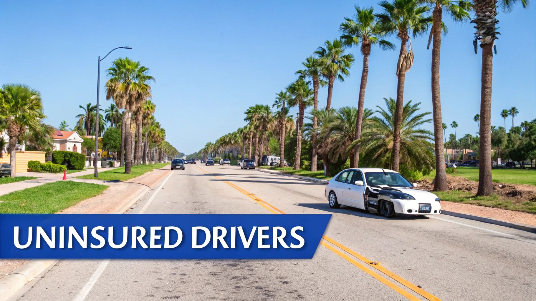 A damaged white car parked on a sunny road lined with palm trees, with a blue 'UNINSURED DRIVERS' banner.
