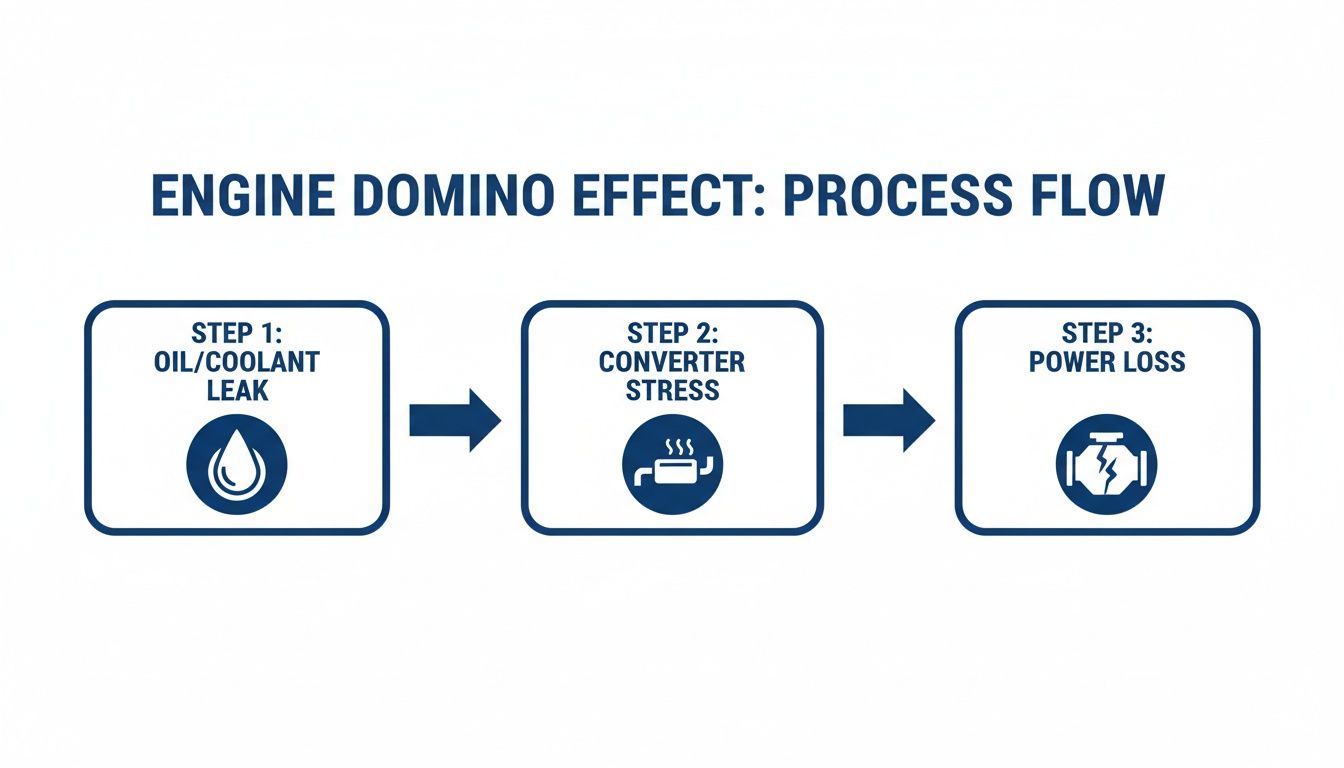 A diagram illustrating the engine domino effect: oil/coolant leak, leading to converter stress, and then power loss.
