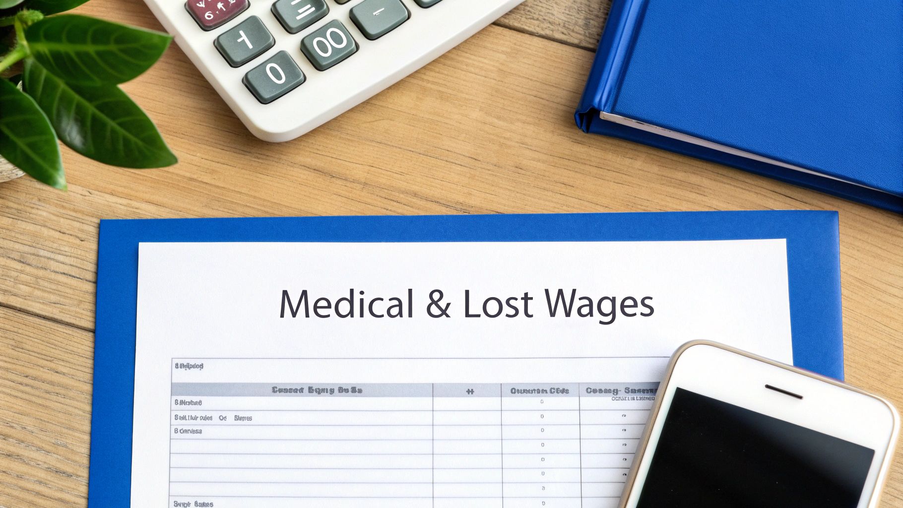 A document titled 'Medical & Lost Wages' with a calculator, smartphone, and blue notebook on a wooden desk.
