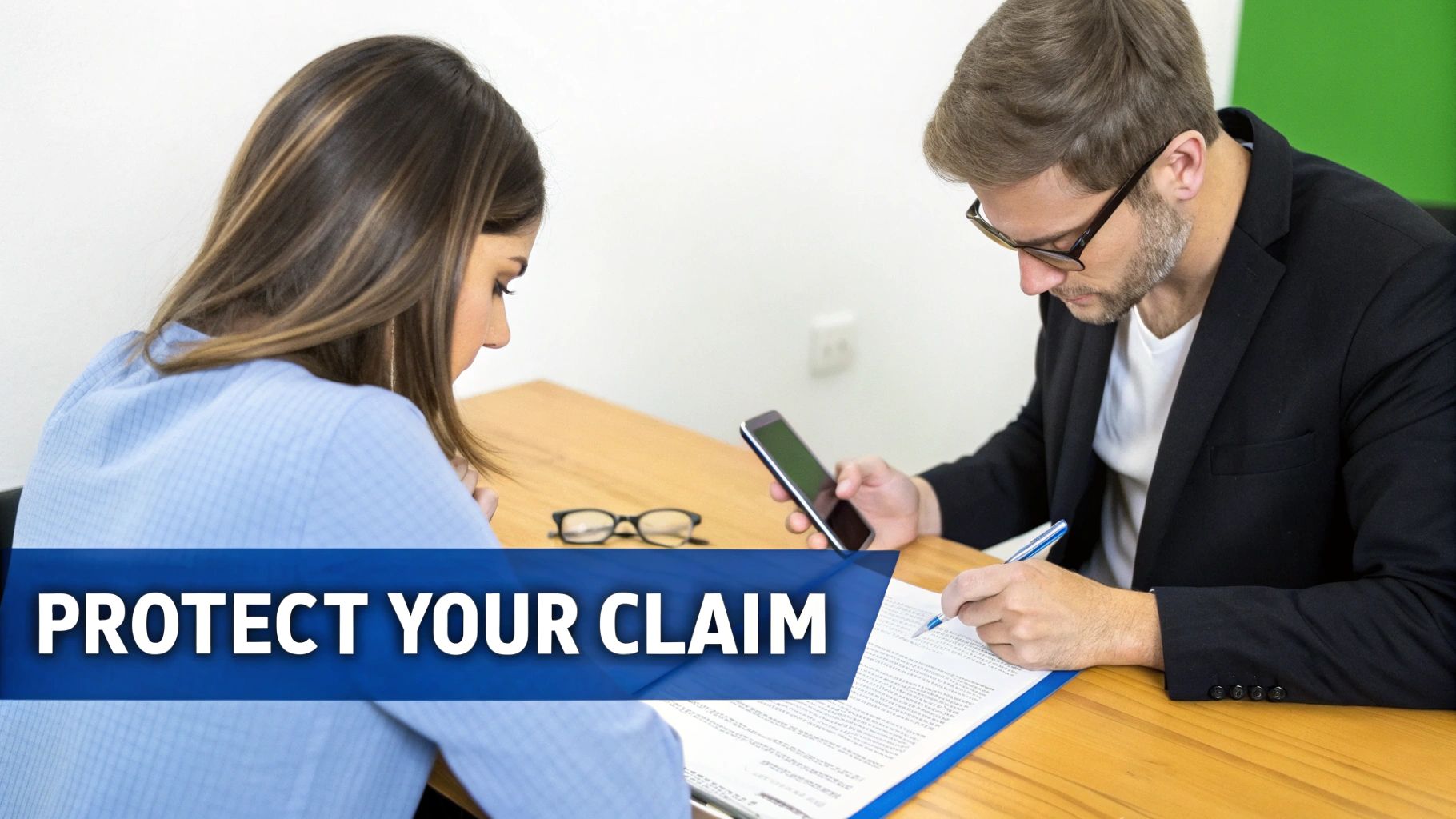 A man and a woman discuss claim documents and a phone, with "PROTECT YOUR CLAIM" overlay.