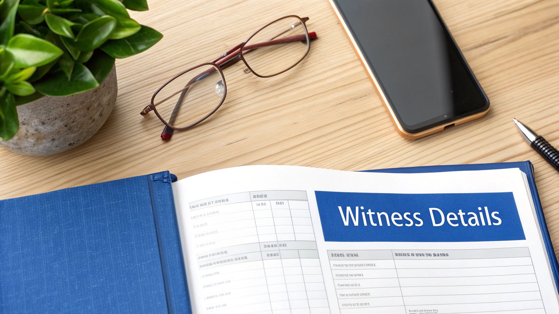 A flat lay of a wooden desk with a plant, glasses, phone, pen, and an open binder displaying 'Witness Details'.