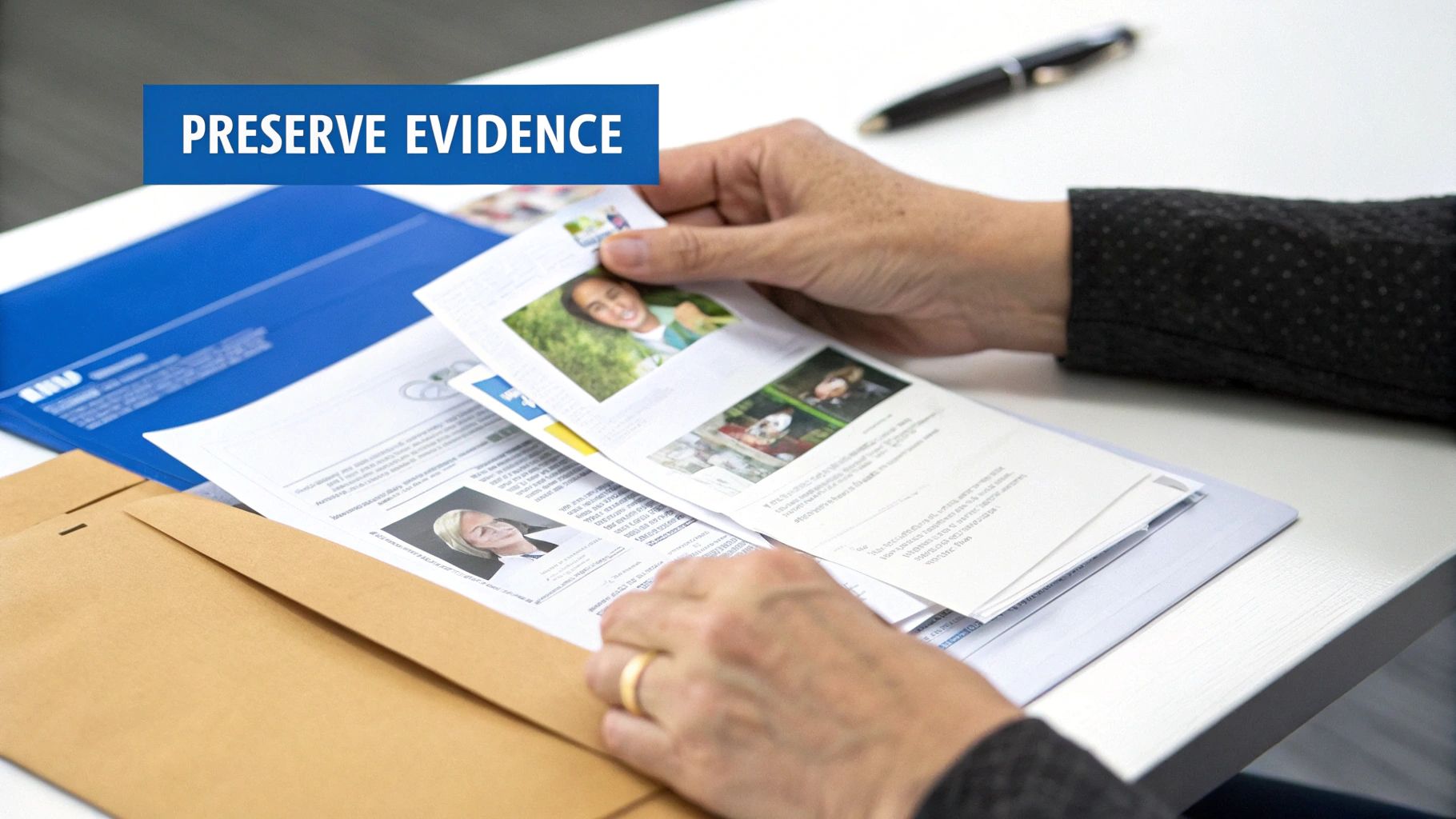 A person's hands review documents with photos, alongside a blue folder and 'PRESERVE EVIDENCE' banner.