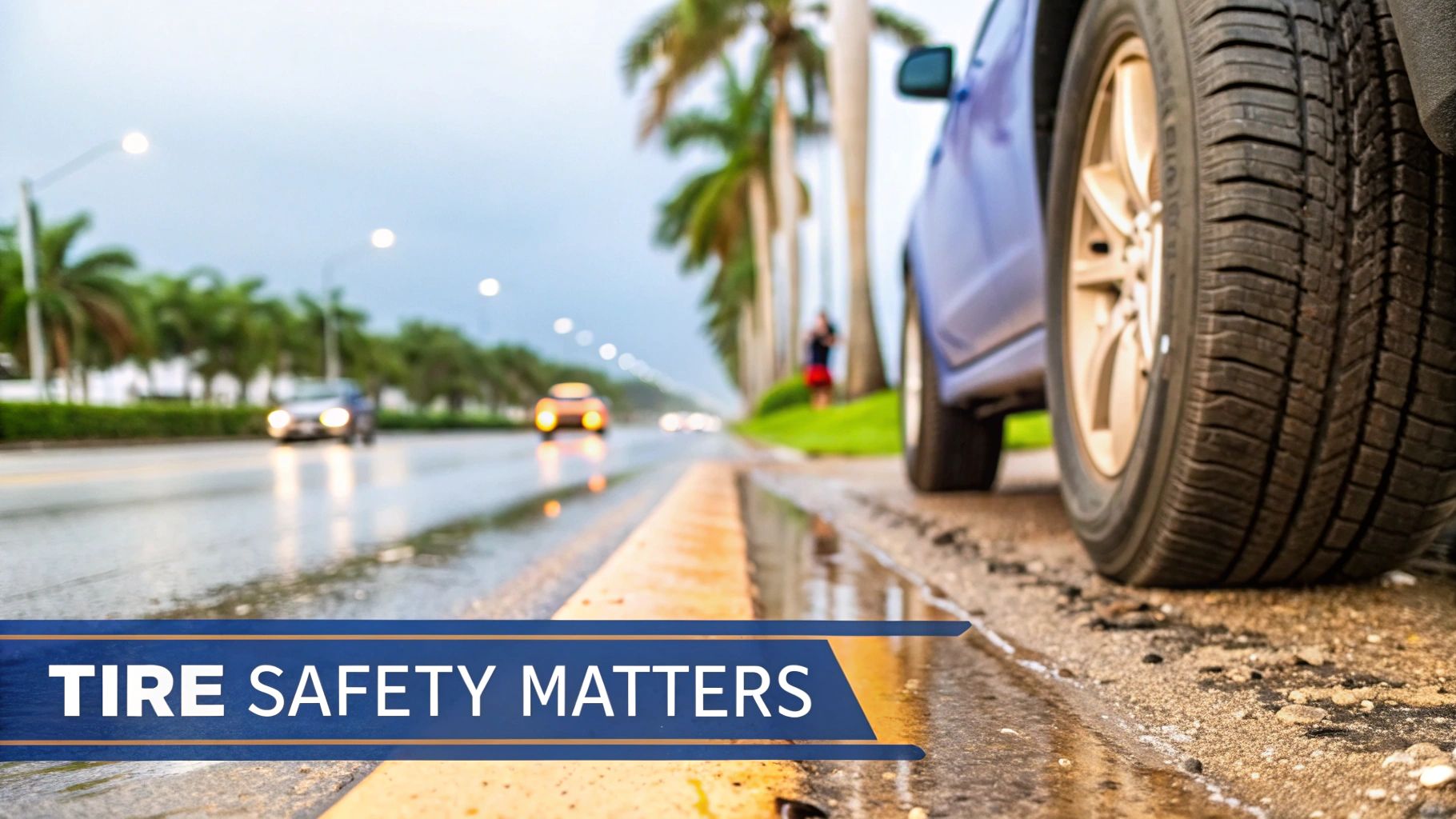 Close-up of a car tire on a wet road with 'TIRE SAFETY MATTERS' overlay.