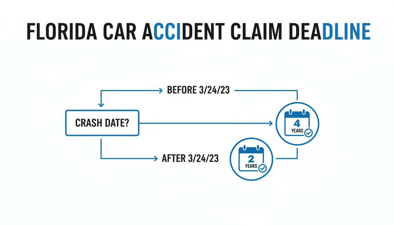 Flowchart showing Florida car accident claim deadlines: 4 years for crashes before 3/24/23, 2 years after.