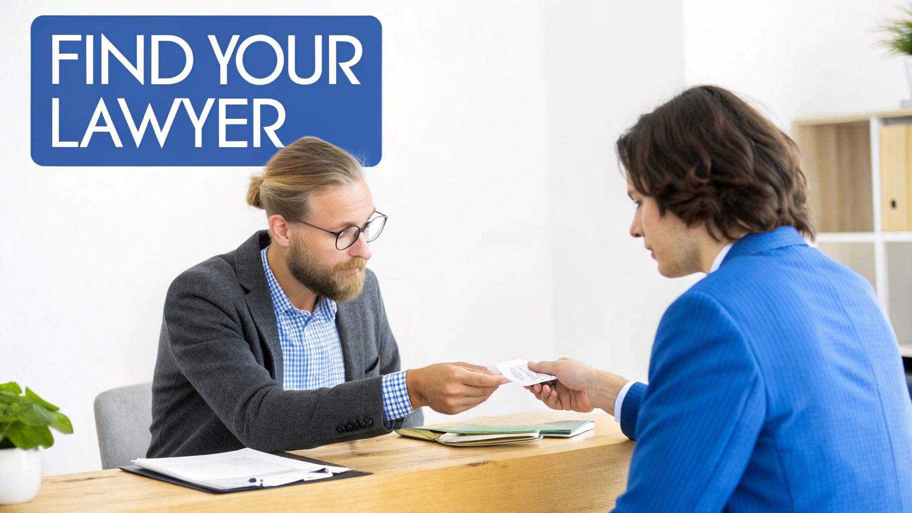 Two men, one possibly a lawyer, exchanging business cards during a legal consultation.