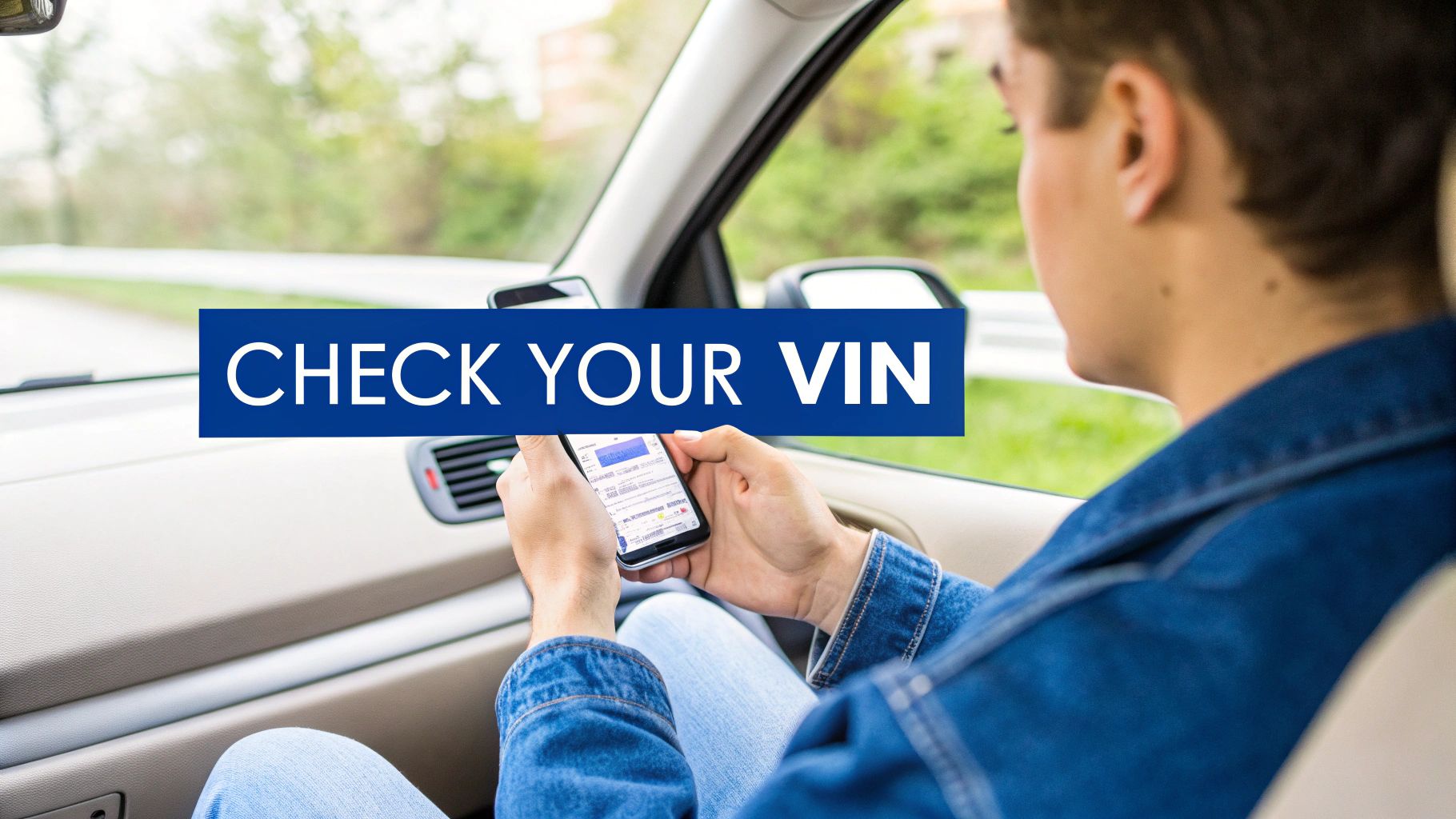 Person in a car looking at a smartphone with 'CHECK YOUR VIN' banner overlay.