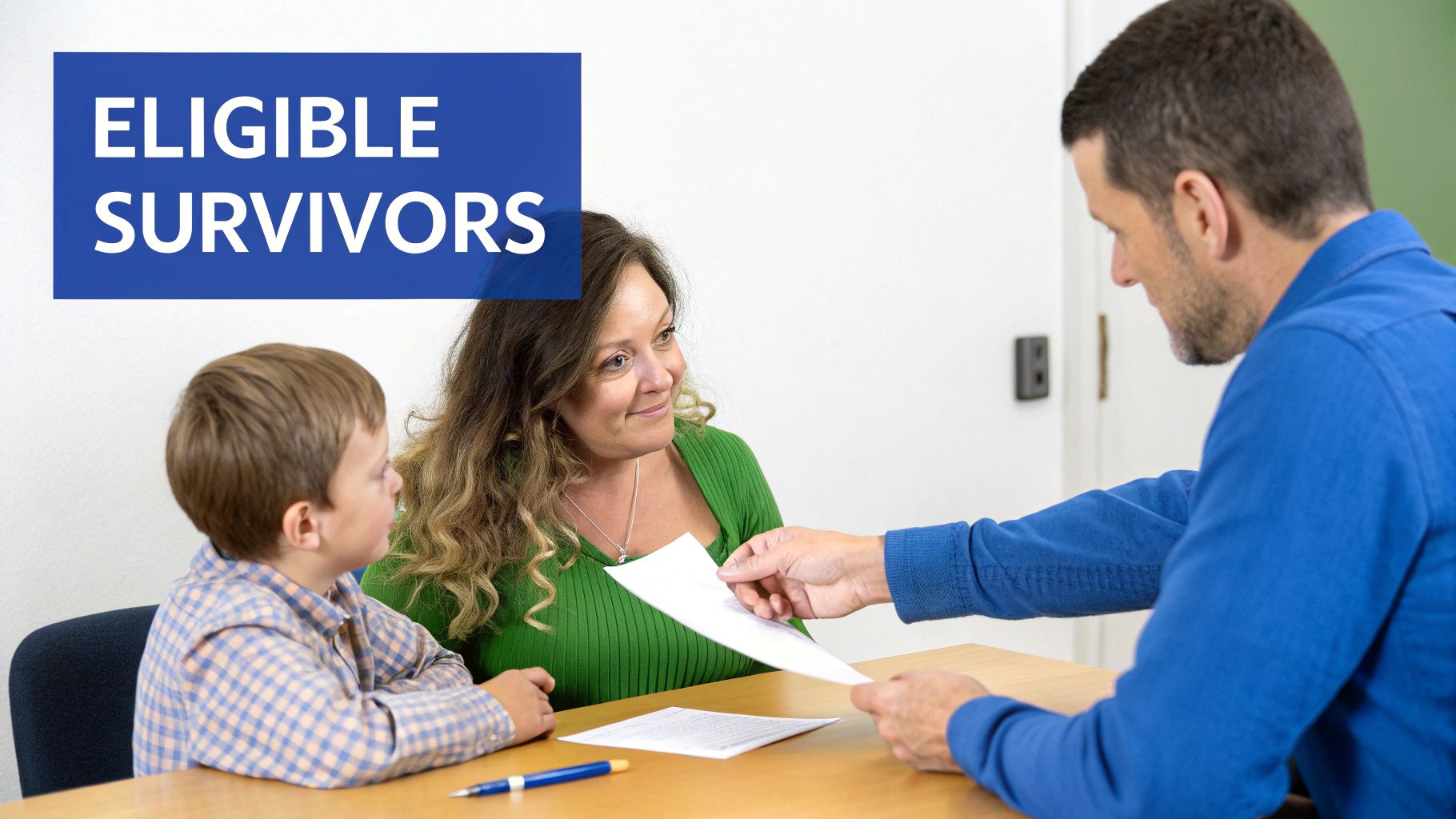 A woman and child receive documents from a professional, with text 'ELIGIBLE SURVIVORS'.