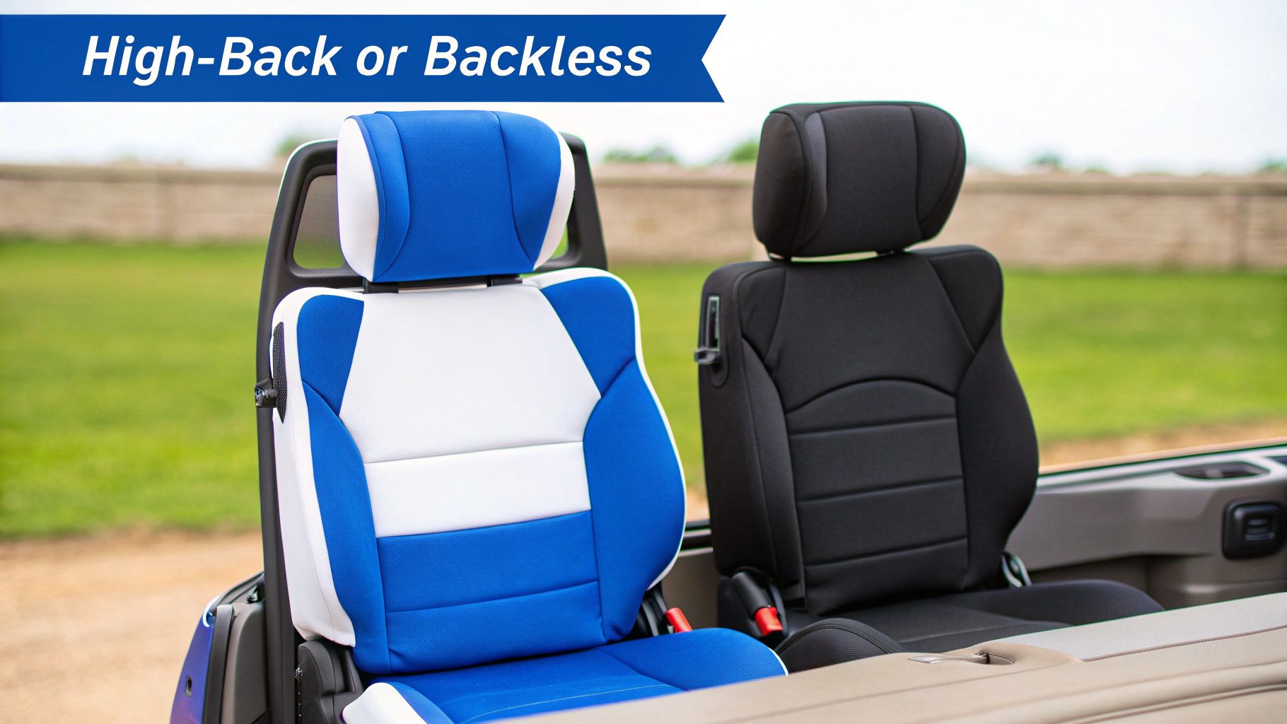 Two car seats, one high-back (blue and white) and one backless (black), against a green background.