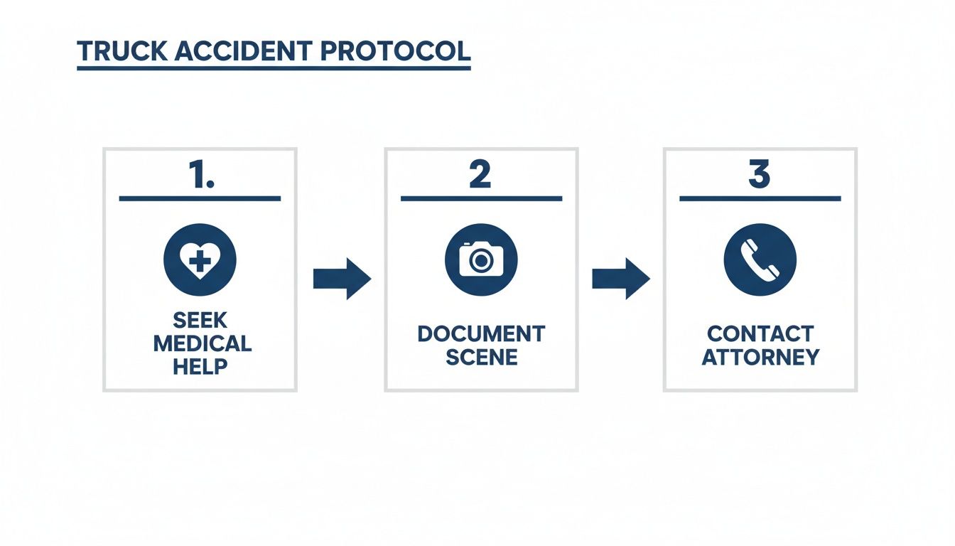 A three-step protocol for truck accidents: seek medical help, document the scene, and contact an attorney.
